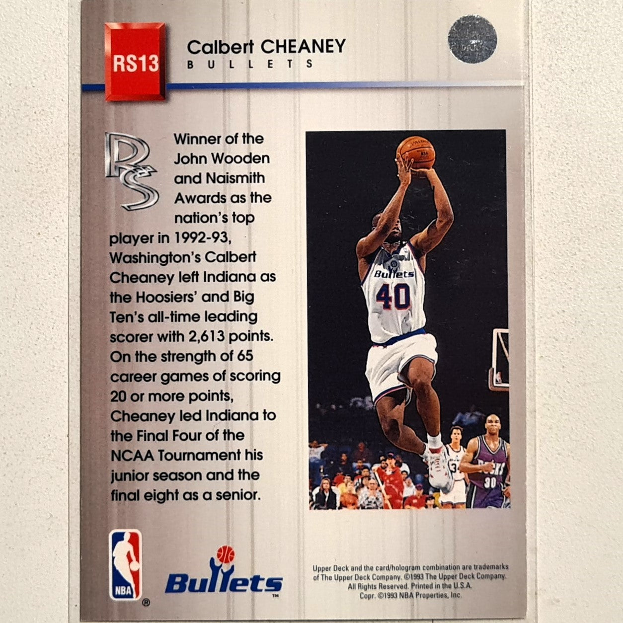 Calbert Cheaney 1993 Upper-Deck Rookie Standouts RC RS13 NBA Basketball Washington Bullets excellent Sleeved