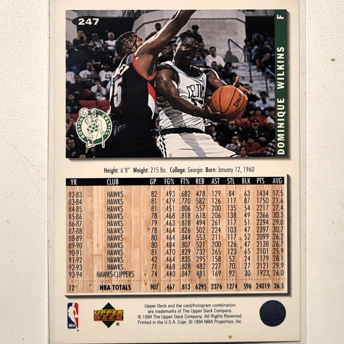 Dominique Wilkins 1994 Upper-Deck #247 NBA Basketball Boston Celtics excellent Sleeved