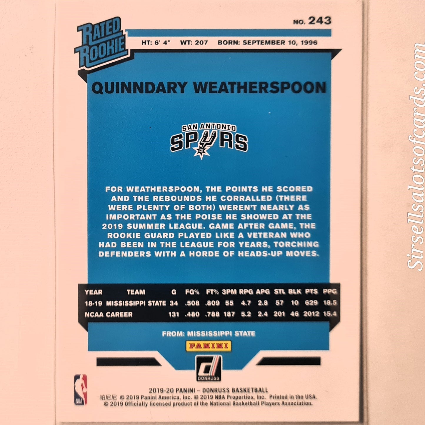 Quinndary Weatherspoon 2019-20 Panini Donruss Rated Rookie RC  #243 NBA Basketball San Antonio Spurs Excellent Sleeved