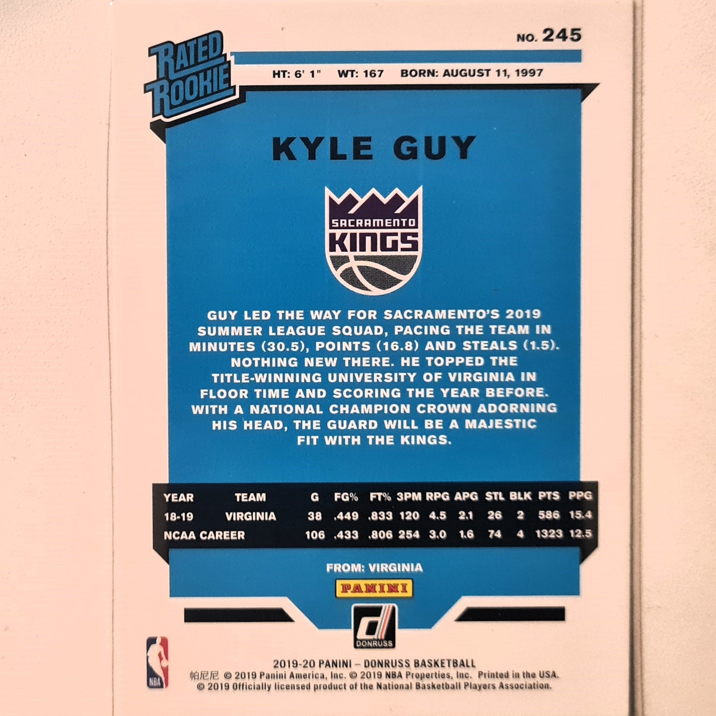 Kyle Guy 2019-20 Panini Donruss Rated Rookie RC  #245 NBA Basketball Sacramento Kings Excellent Sleeved