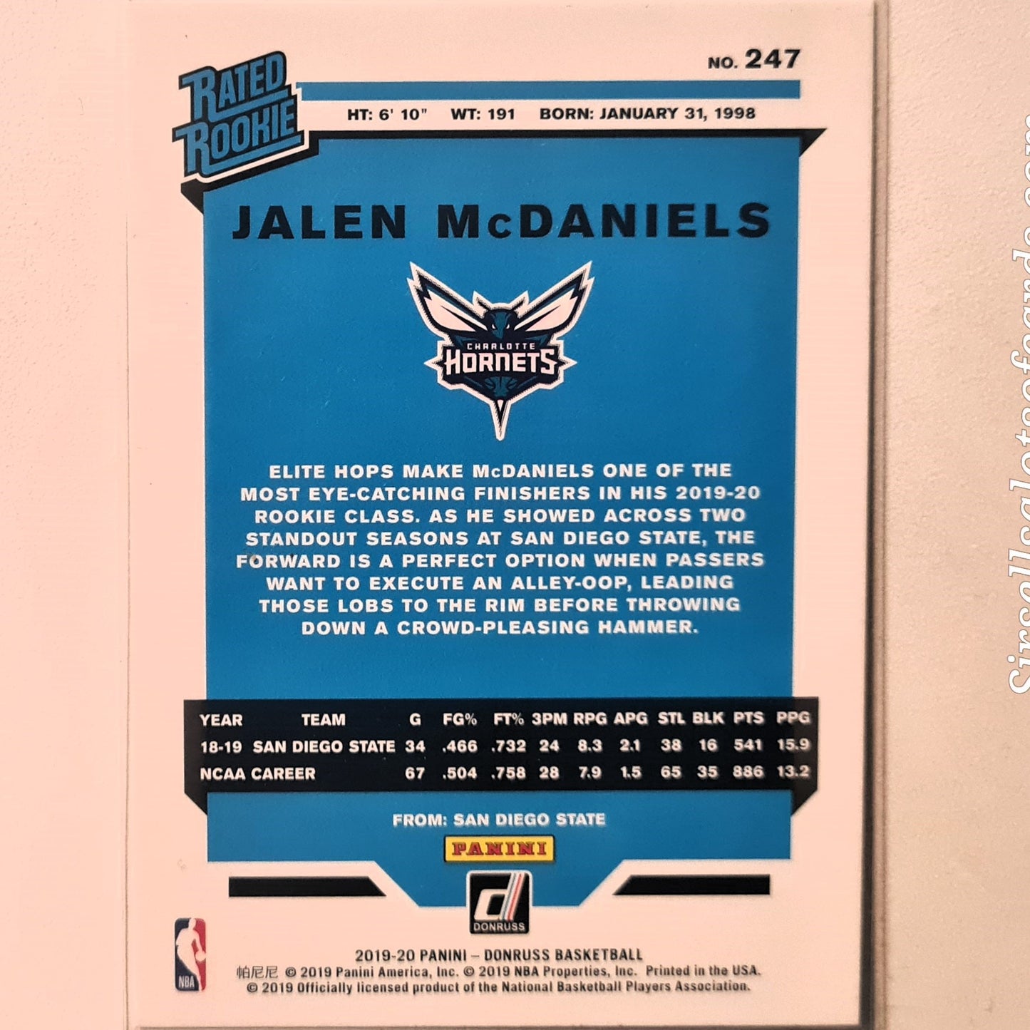 Jalen McDaniels 2019-20 Panini Donruss Rated Rookie RC  #247 NBA Basketball Charlotte Hornets Excellent Sleeved