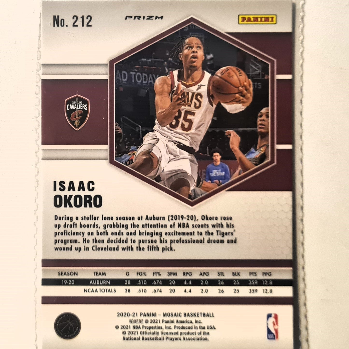 Isaac Okoro 2020-21 Panini Mosaic green prizm Rookie RC #212 Cleveland Cavaliers trading card mint sleeved