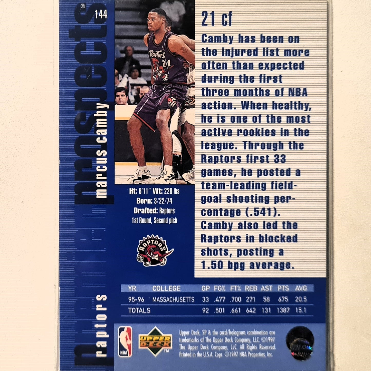 Marcus Camby 1997 Upper-Deck premier prospects Rookie RC #144 NBA Basketball Toronto Raptors excellent Sleeved