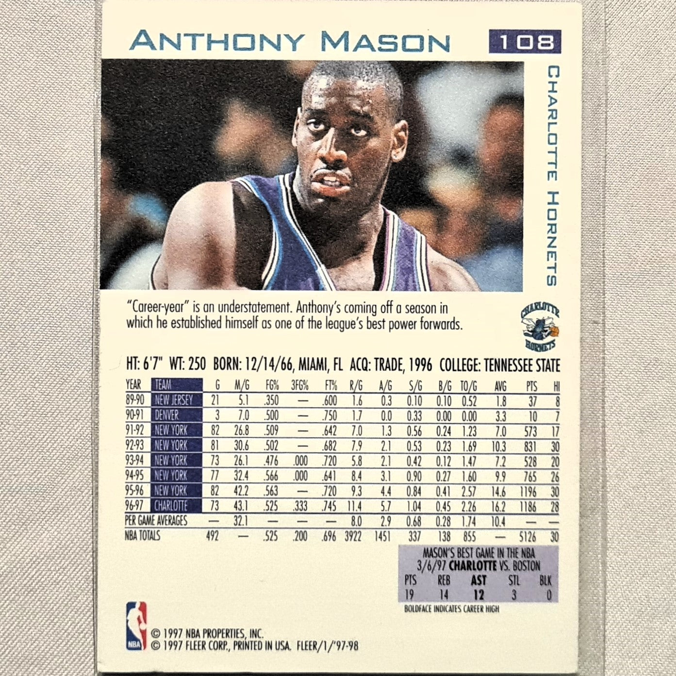 Anthony Mason 1997 Fleer 97-98 All Défense #108 NBA Basketball Charlotte Hornets Excellent sleeved