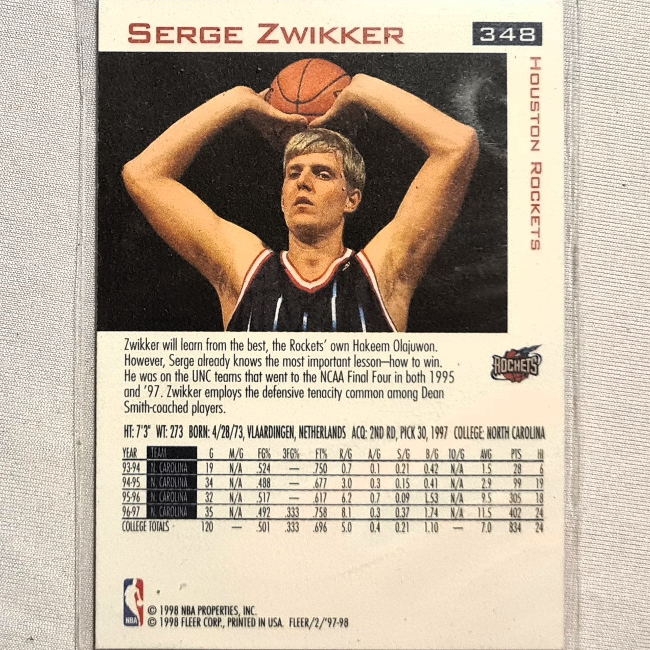 Serge Zwikker 1997 Fleer 97-98 Rookie #348 NBA Basketball Houston Rockets Excellent sleeved