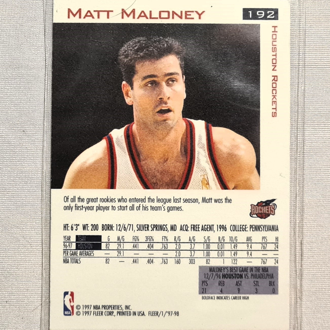 Matt Maloney 1997 Fleer 97-98 All Rookie #192 NBA Basketball Houston Rockets Excellent sleeved