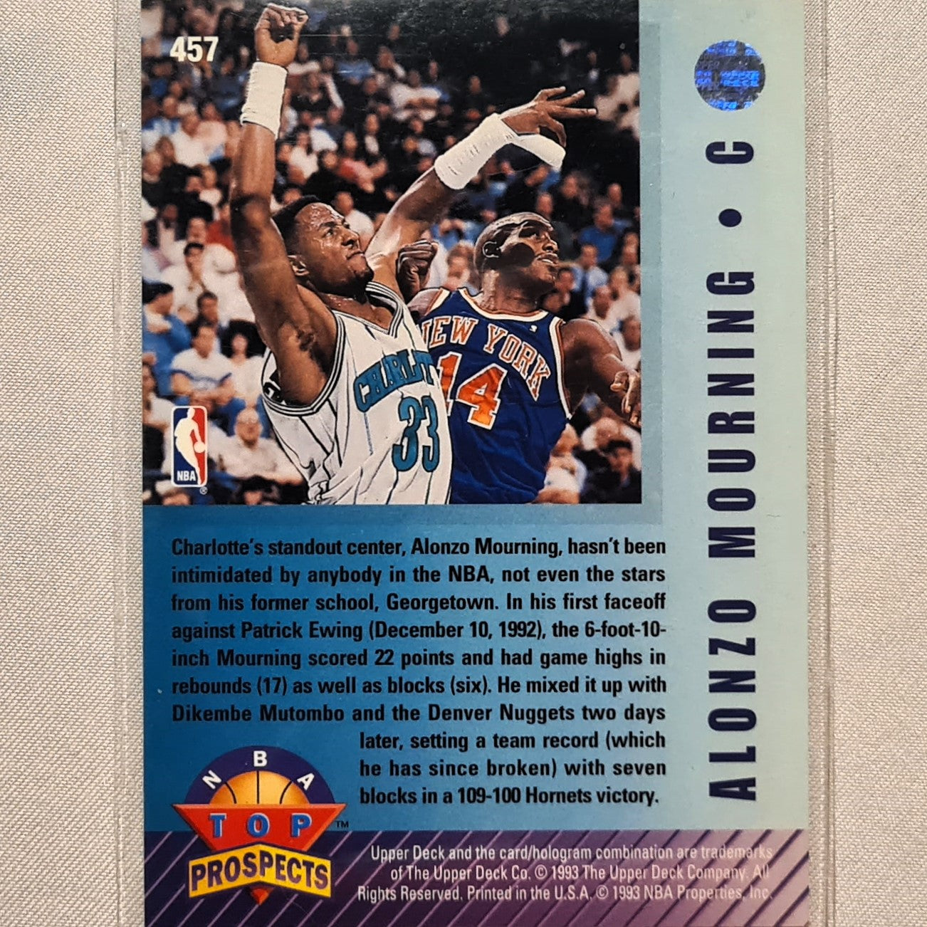 Alonzo Mourning 1993 Upper deck top prospects rookie rc card #457 NBA Basketball Excellent sleeved