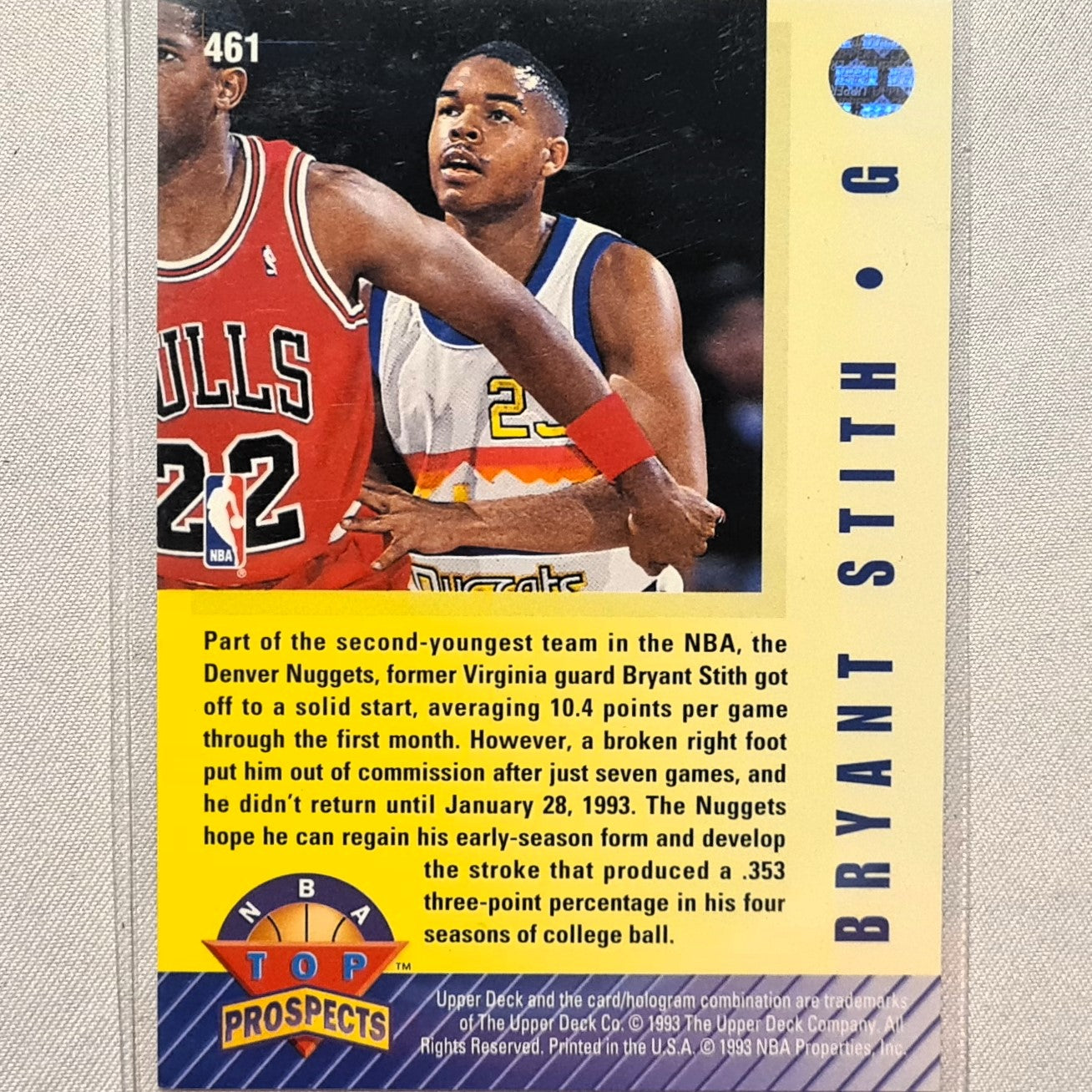 Bryant Stith 1993 Upper deck top prospects rookie RC card #461 NBA Basketball Excellent sleeved