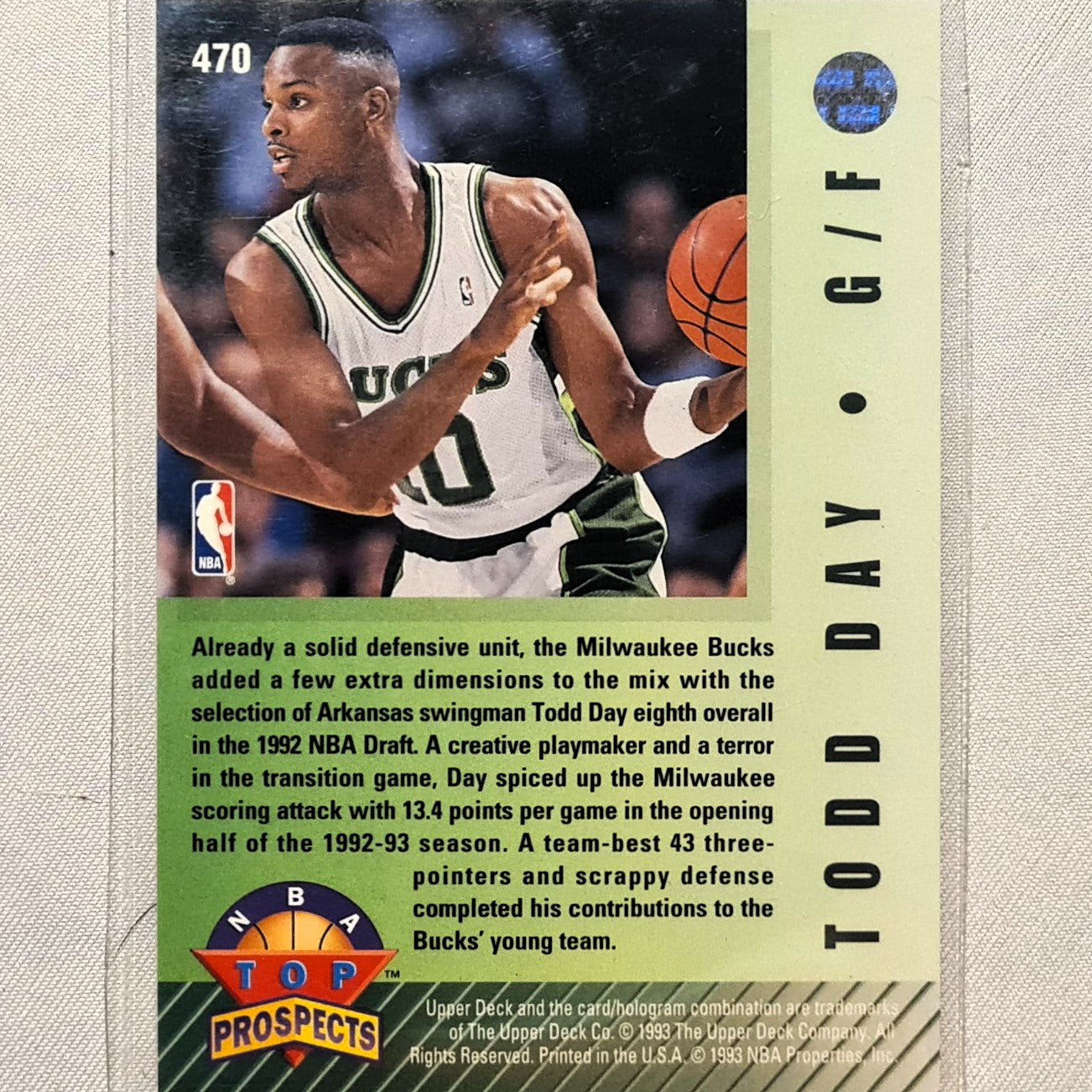 Todd Day 1993 Upper deck top prospects rookie RC card #470 NBA Basketball Milwaukee Bucks Excellent sleeved