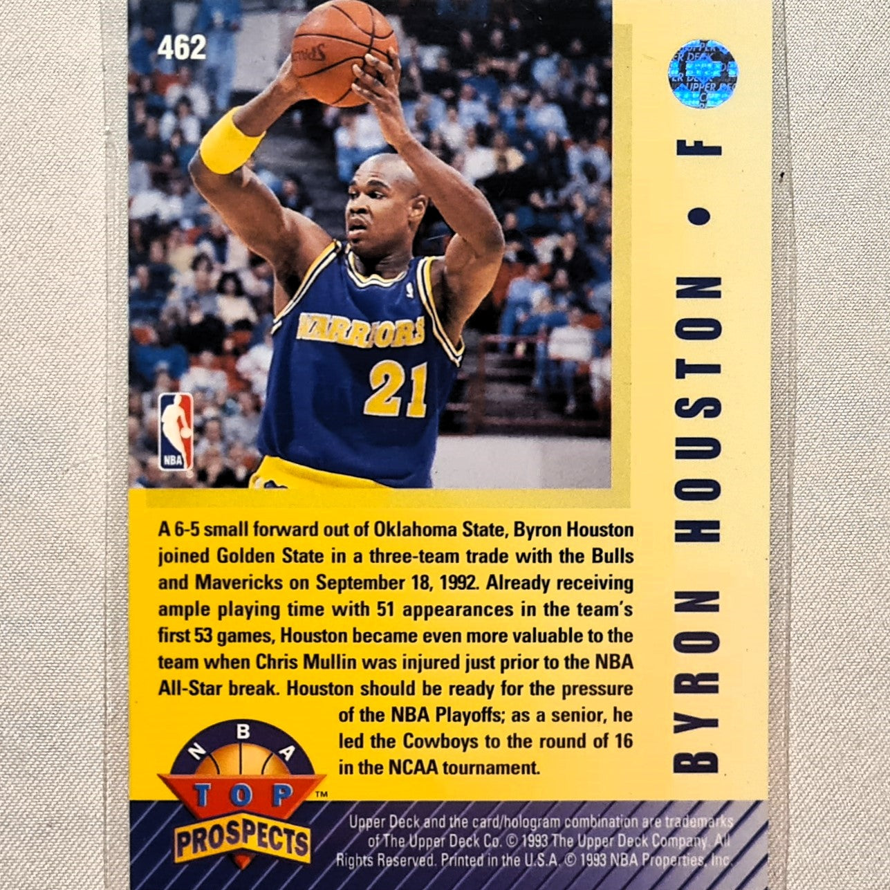 Byron Houston 1993 Upper deck top prospects rookie RC card #462 NBA Basketball Golden State Warriors Excellent sleeved