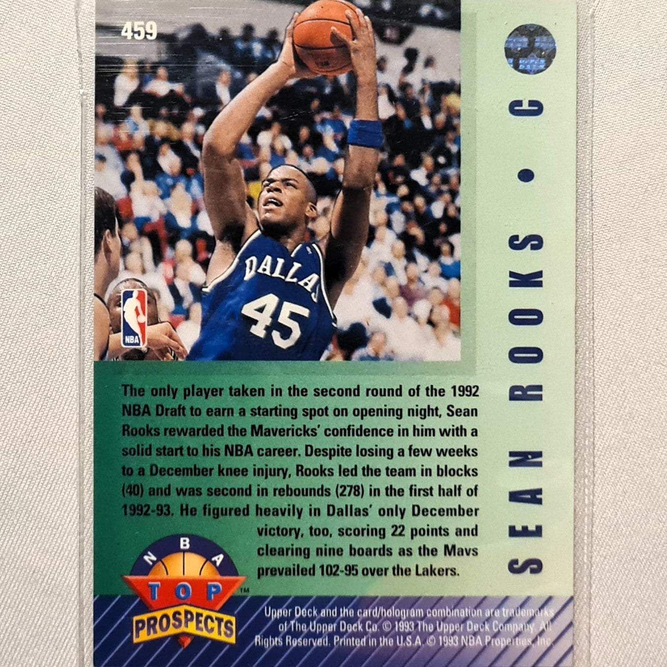 Sean Rooks 1993 Upper deck top prospects rookie RC card #459 NBA Basketball Dallas Mavericks Excellent sleeved