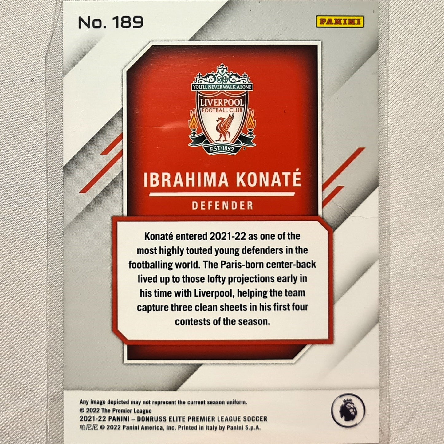 Ibrahima Konate 2021-22 Panini Donruss Elite Premier League Rookie RC #189 Soccer Football Liverpool excellent/mint Sleeved