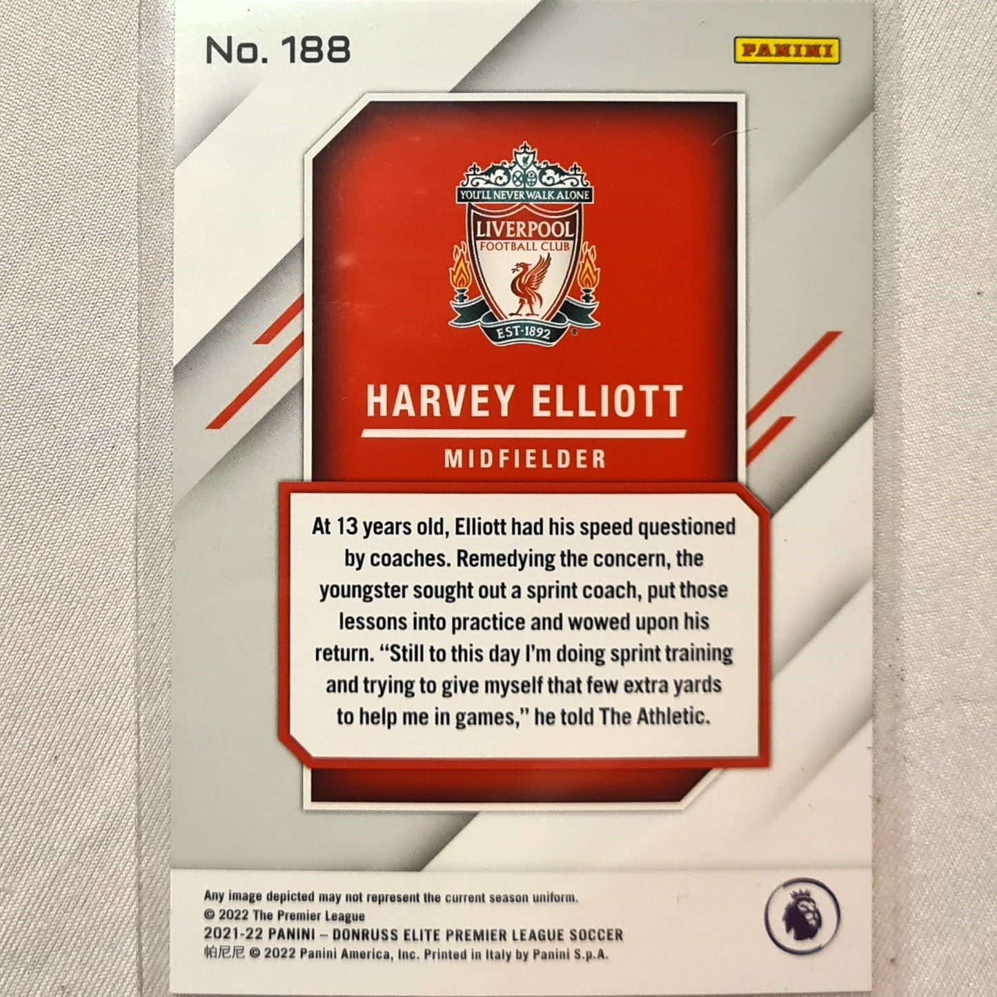 Harvey Elliott 2021-22 Panini Donruss Elite Premier League Rookie RC #188 Soccer Football Liverpool excellent/mint Sleeved