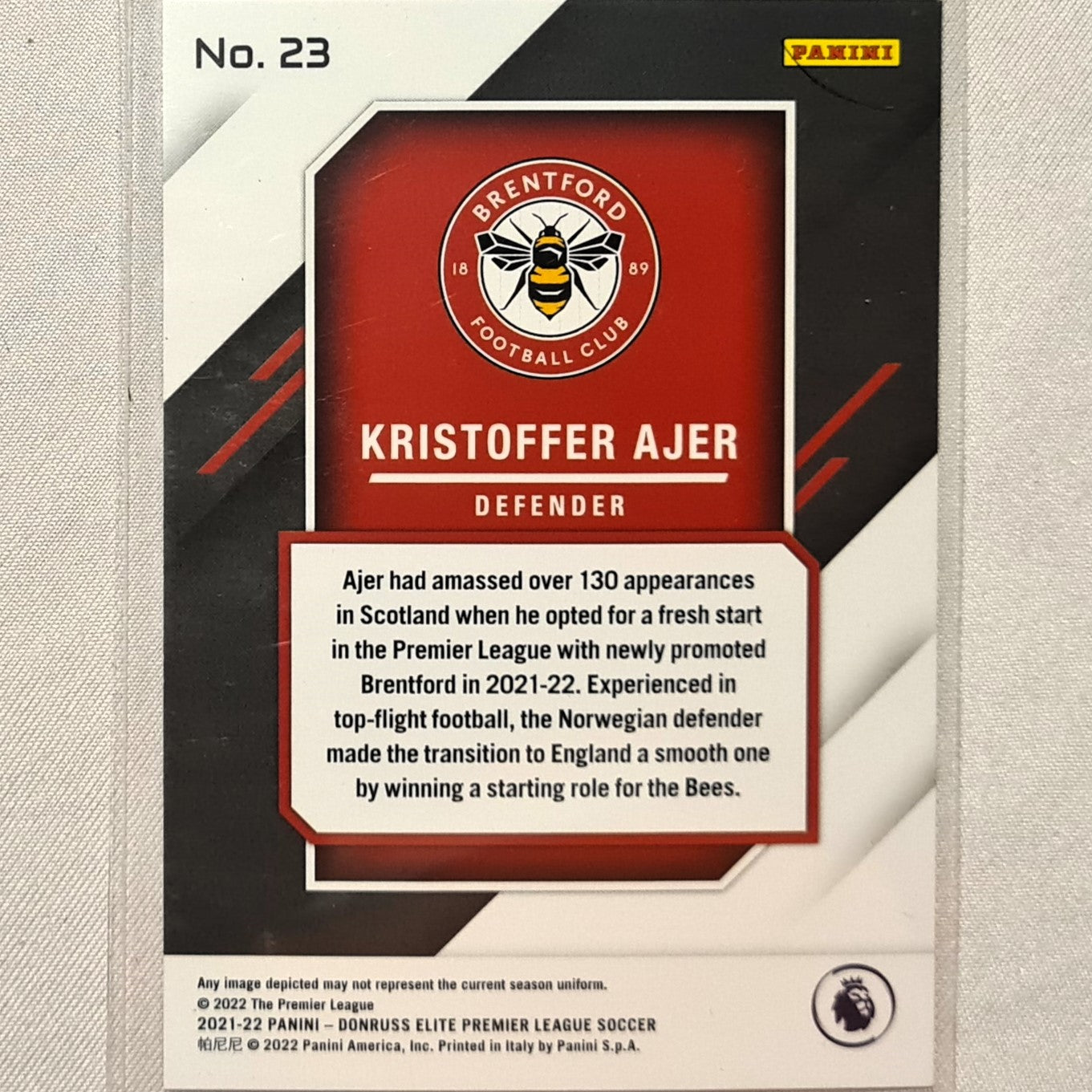 Kristoffer Ajer 2021-22 Panini Donruss Elite Premier League Rookie RC #23 Soccer Football Brentford excellent/mint Sleeved