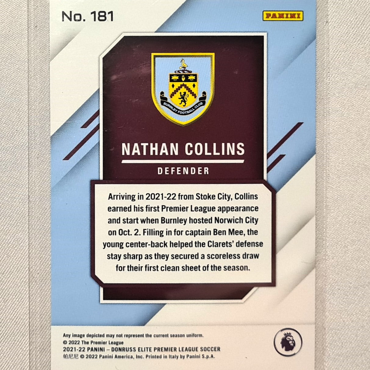 Nathan Collins 2021-22 Panini Donruss Elite Premier League Rookie RC #181 Soccer Football Burnley excellent/mint Sleeved