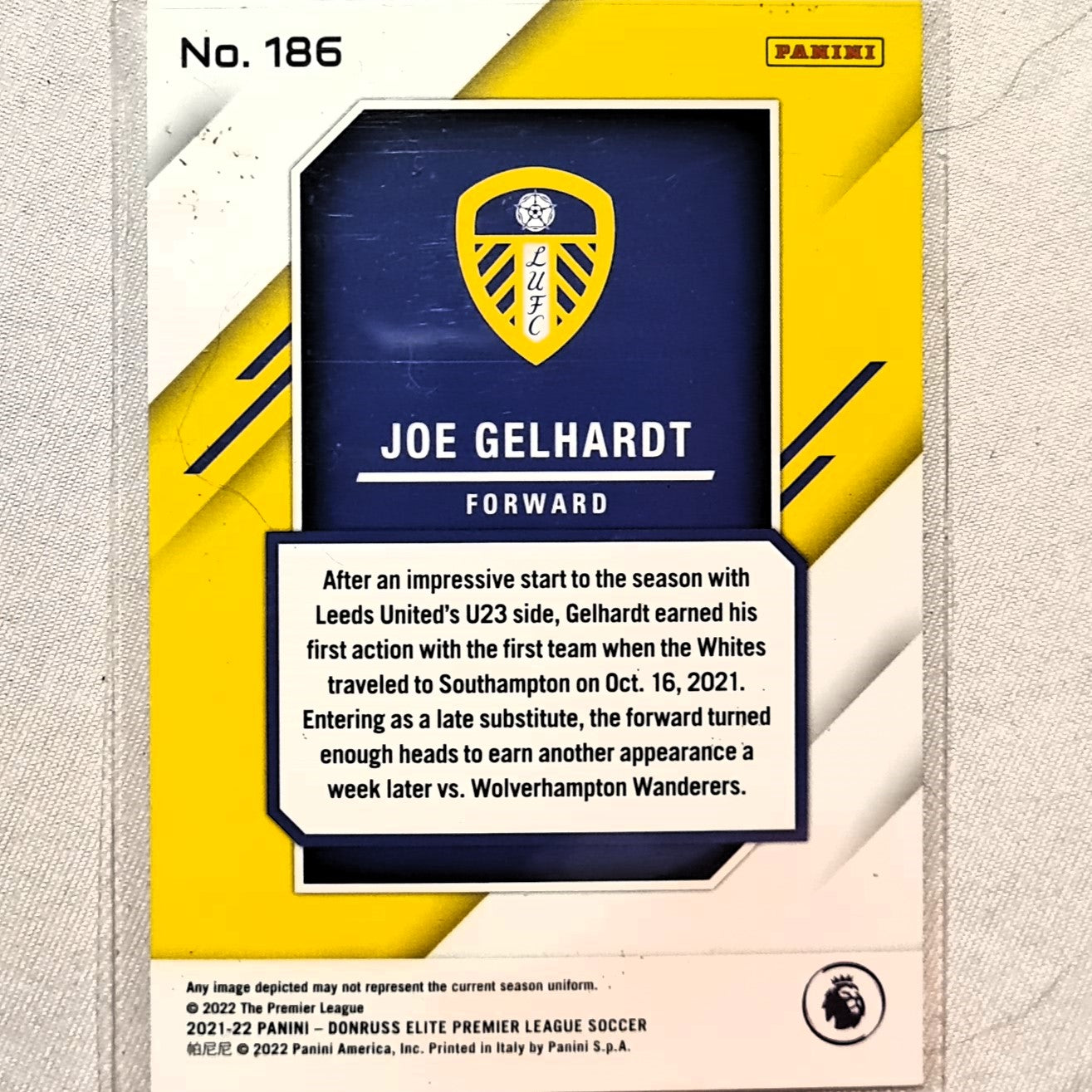 Joe Gelhardt 2021-22 Panini Donruss Elite Premier League Rookie RC #186 Soccer Football Leeds United excellent/mint Sleeved