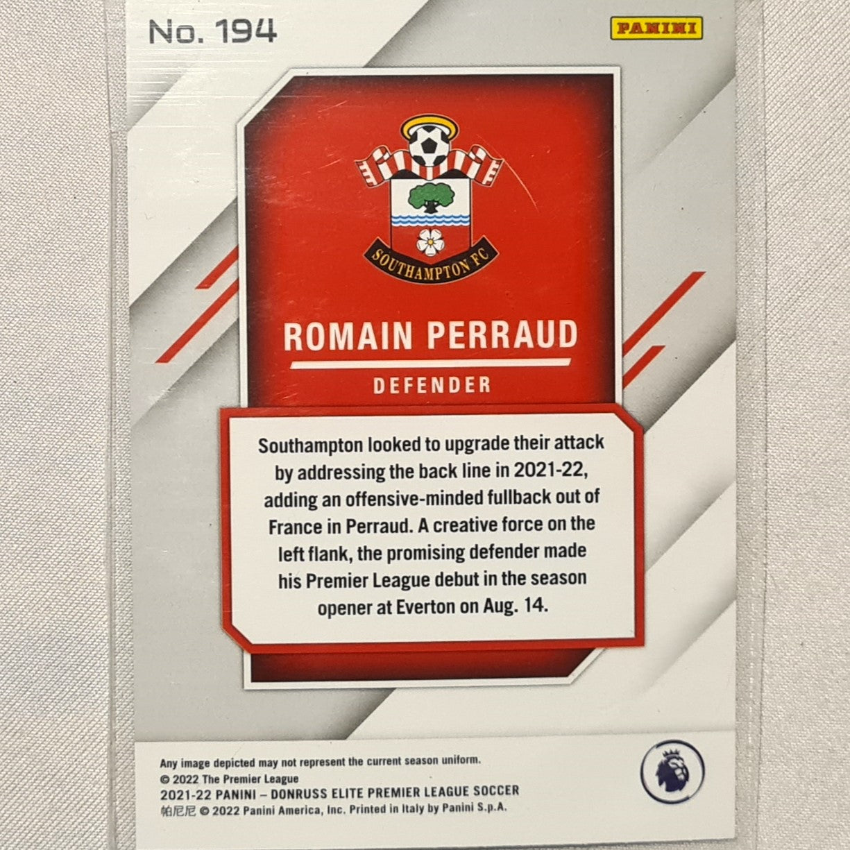 Romain Perraud 2021-22 Panini Donruss Elite Premier League Fireworks Rookie #194 Soccer Football Southampton excellent/mint Sleeved