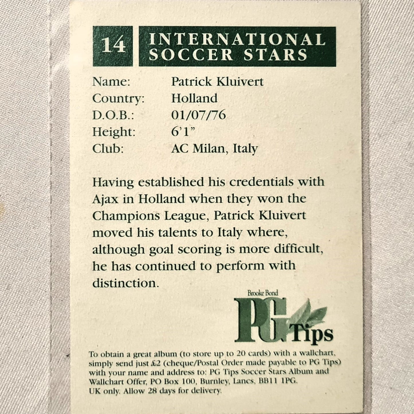 Patrick Kluivert 1998 World Cup PG Tips UK promotional card found in tea bag boxes