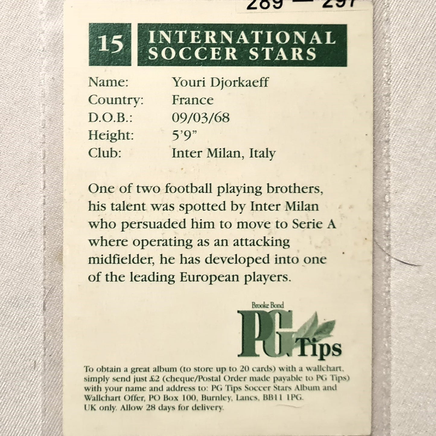 Youri Djorkaeff 1998 World Cup PG Tips UK promotional card found in tea bag boxes #15 France