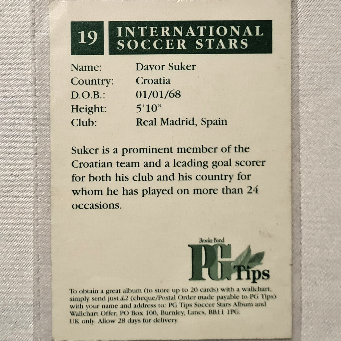 Davor Sukar 1998 World Cup PG Tips UK promotional card found in tea bag boxes #19 Croatia