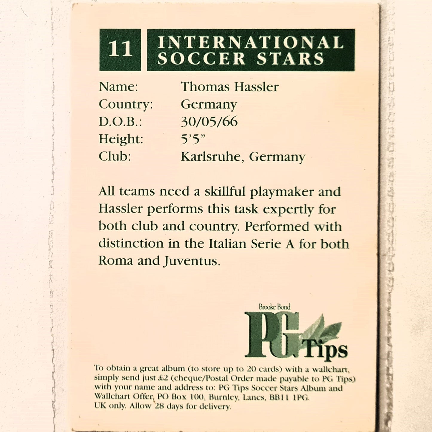 Thomas Hassler 1998 World Cup PG Tips UK promotional card found in tea bag boxes #11 Germany