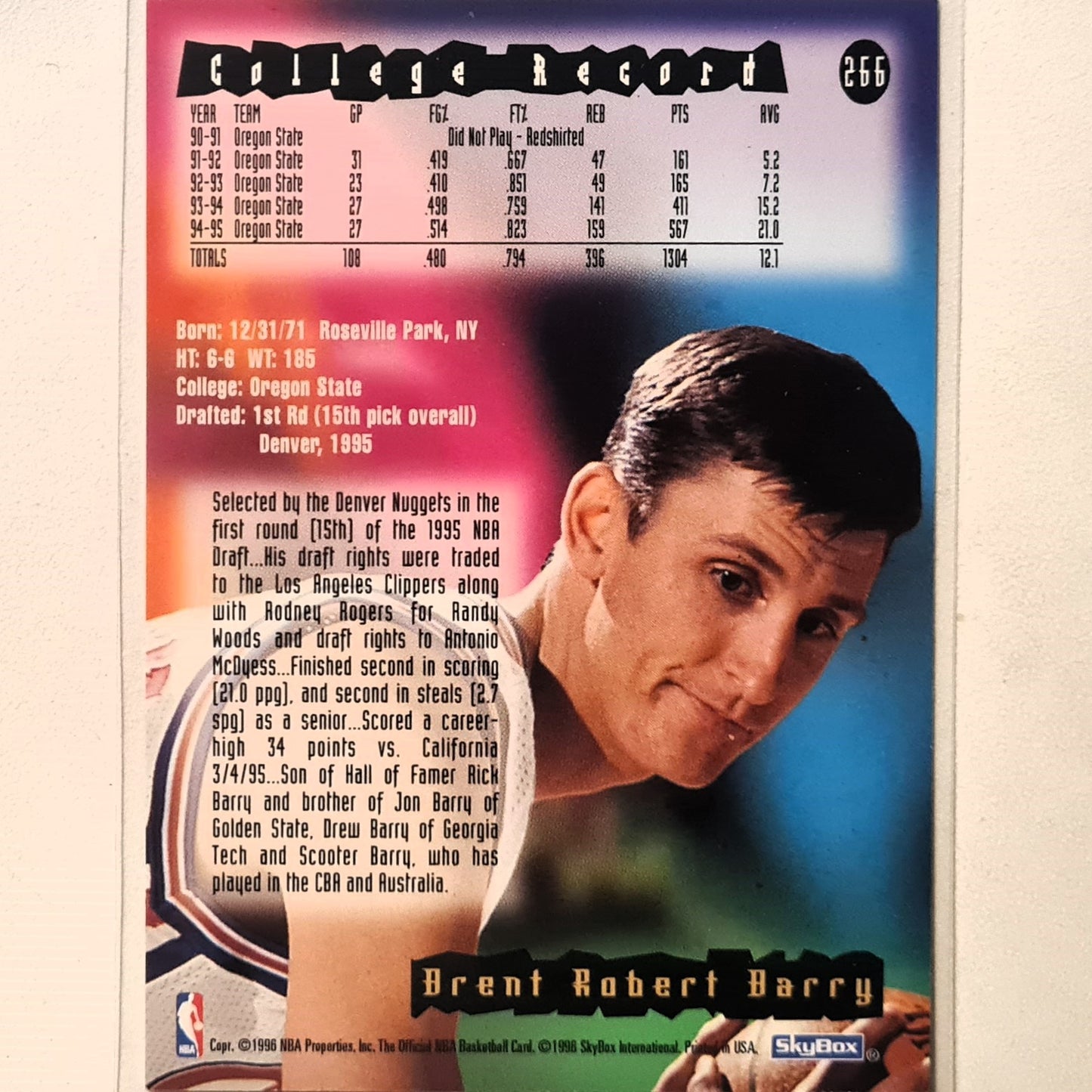 Brent Barry 1996 Skybox NBA Hoops Rookie RC #266 NBA Basketball LA Clippers excellent