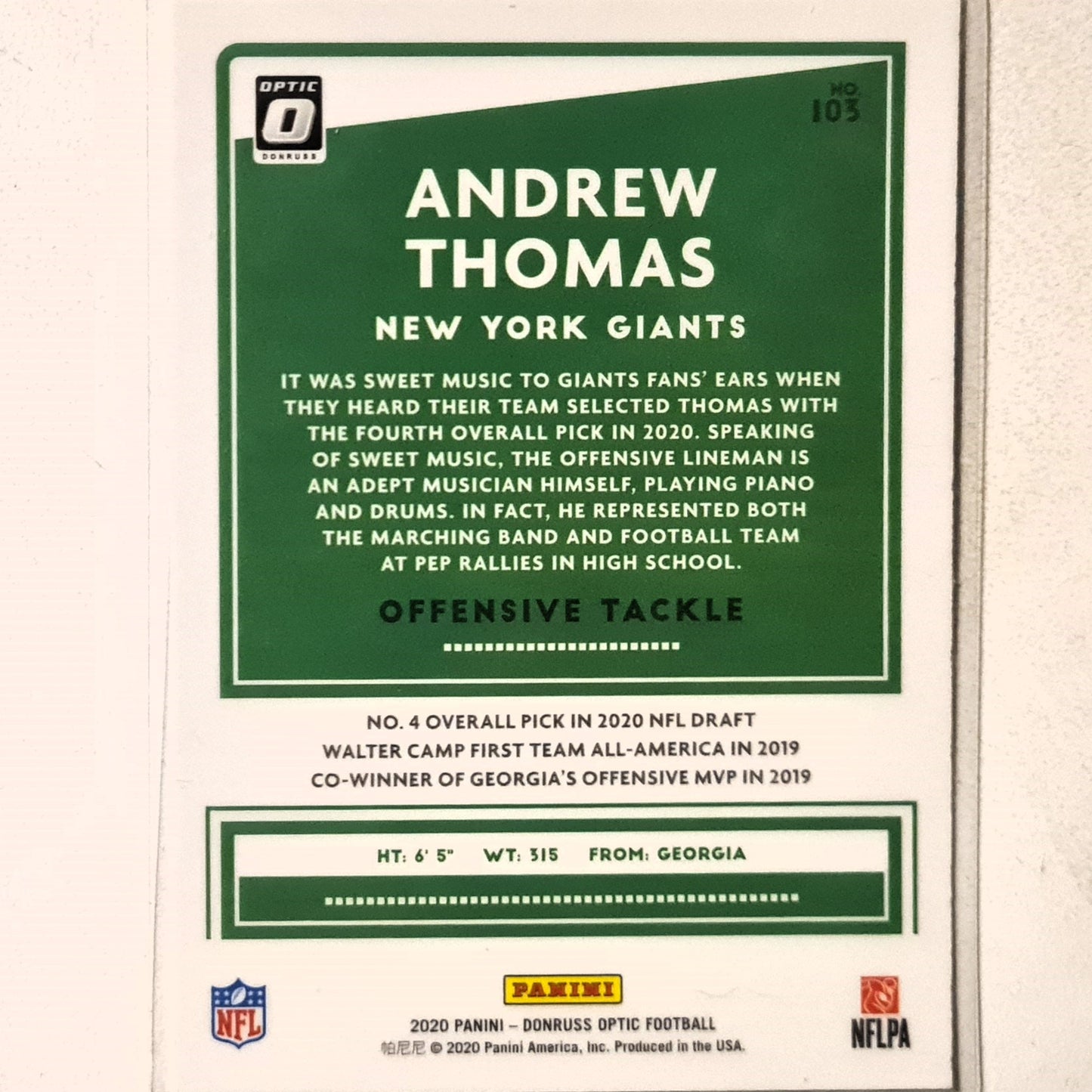 Andrew Thomas 2020 Panini Donruss Optic Rookie RC #103 NFL American Football New York Giants Excellent sleeved