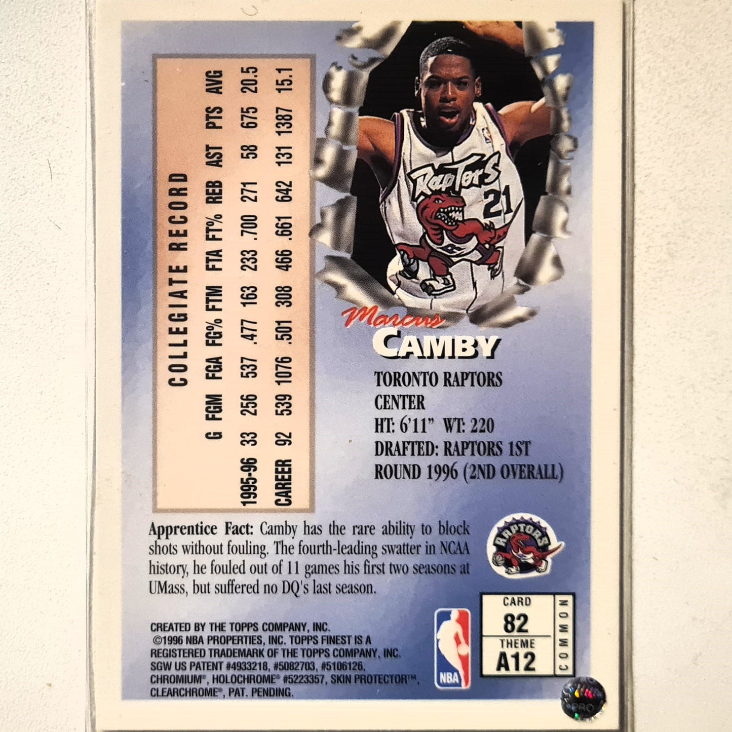 Marcus Camby 1996 Topps Finest Apprentices Rookie RC #82 NBA Basketball Toronto Raptors Excellent + sleeved