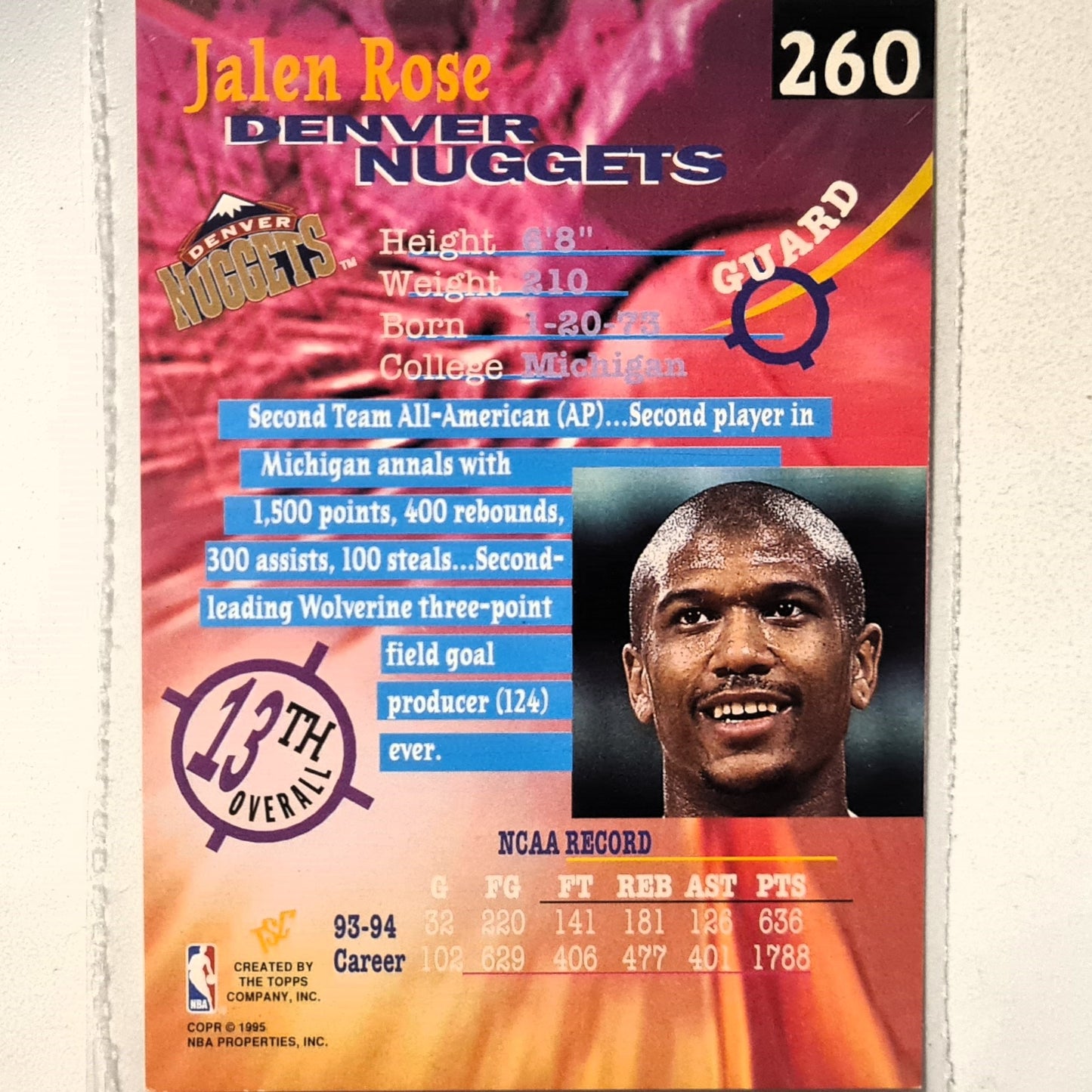 Jalen rose 1995 Topps stadium club draft pick 94 rookie RC #260  NBA basketball Denver Nuggets very good sleeved