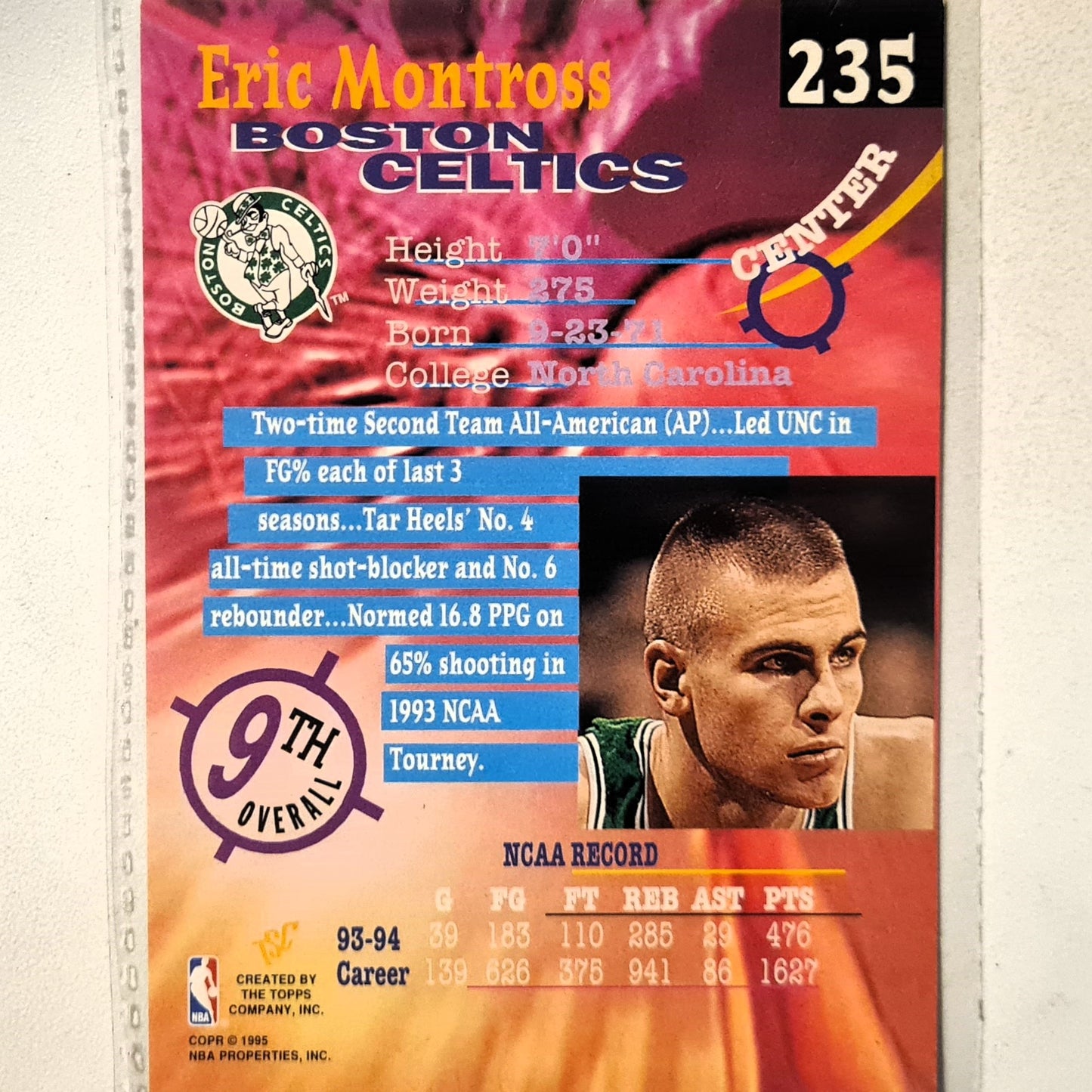 Eric Montross 1995 Topps Stadium Club draft pick 94 rookie RC #235 NBA Basketball Boston Celtics Very good Sleeved