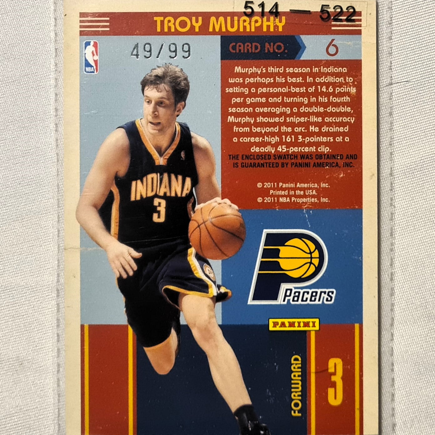 Troy Murphy 2011 Panini Classics 10-11 blast from the past relic patch 49/99 #6 NBA Basketball Excellent