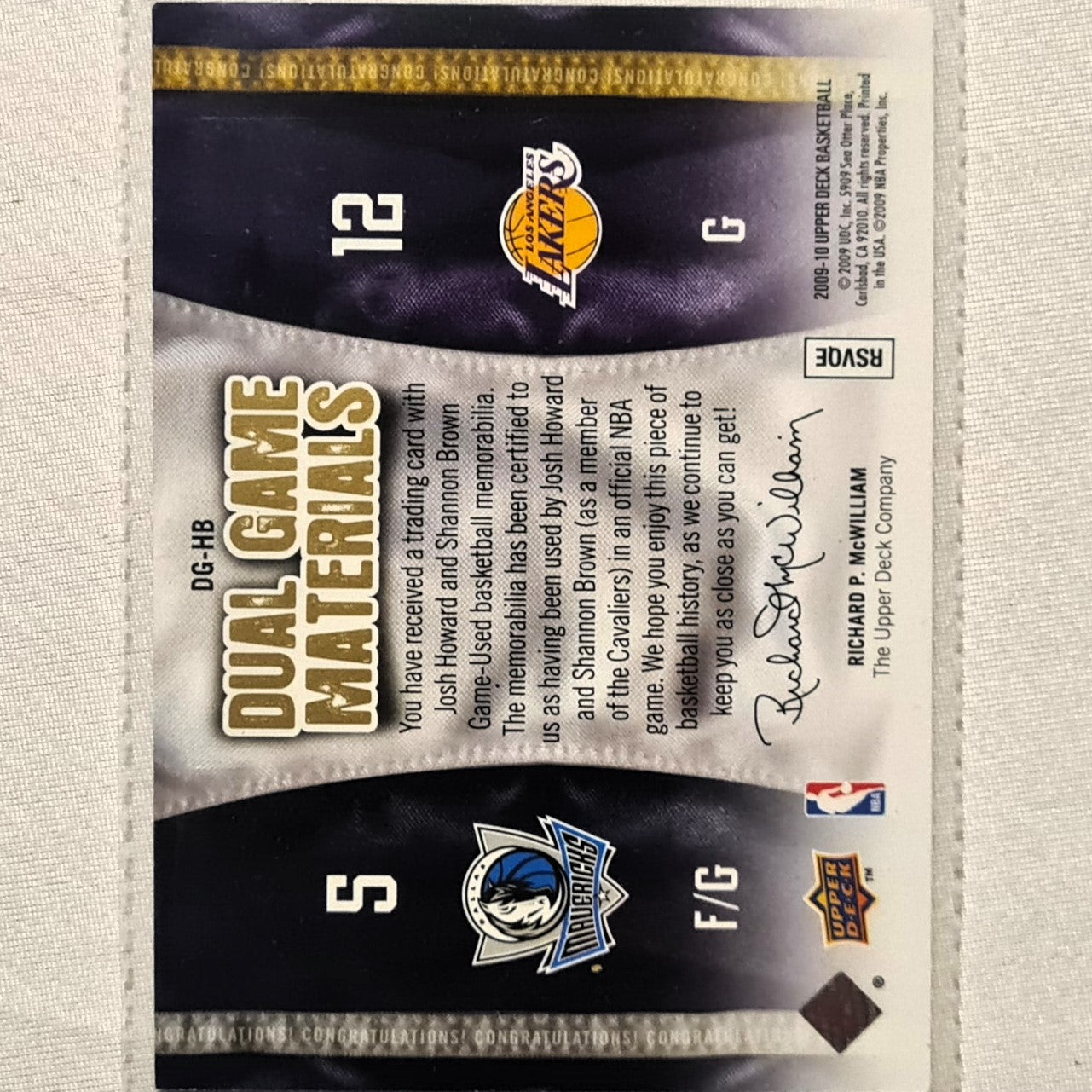 Josh Howard Shannon Brown 2009-10 Upper-Deck dual game Materials DG-HB Dallas Mavericks very good