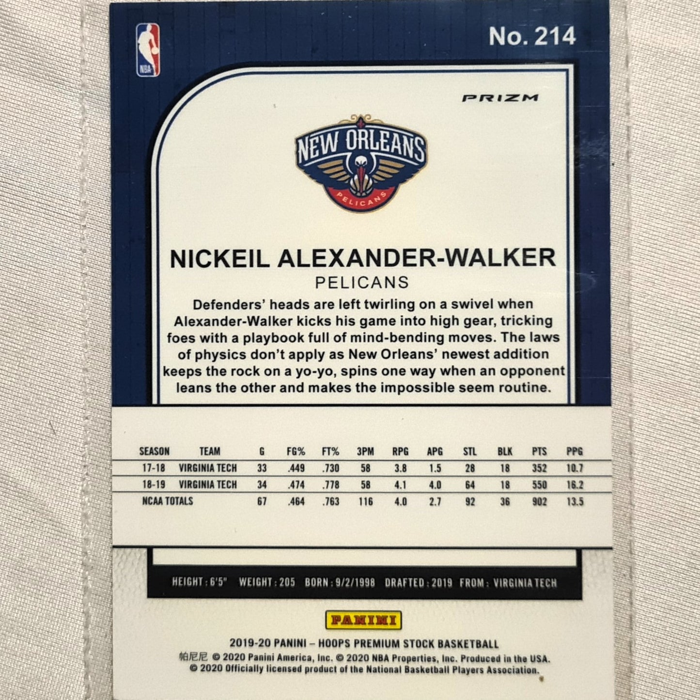 Nickeil Alexander-Walker 2019-20 Panini NBA Hoops premium stock Laser Prizm Rookie RC #214 NBA Basketball New Orleans Pelicans mint sleeved