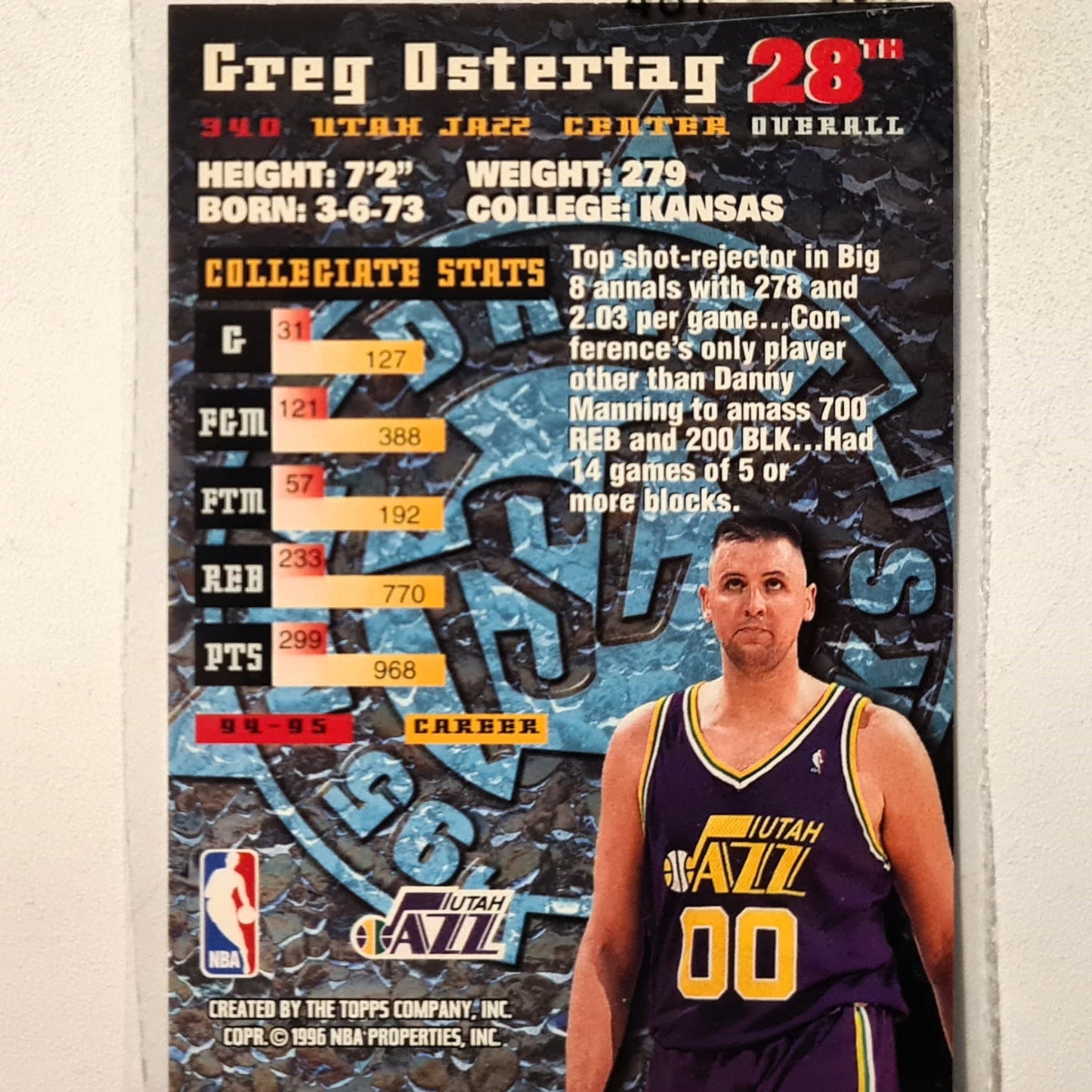 Greg Ostertag Topps Stadium Club draft picks Rookie RC #340 NBA Basketball Utah Jazz Excellent sleeved