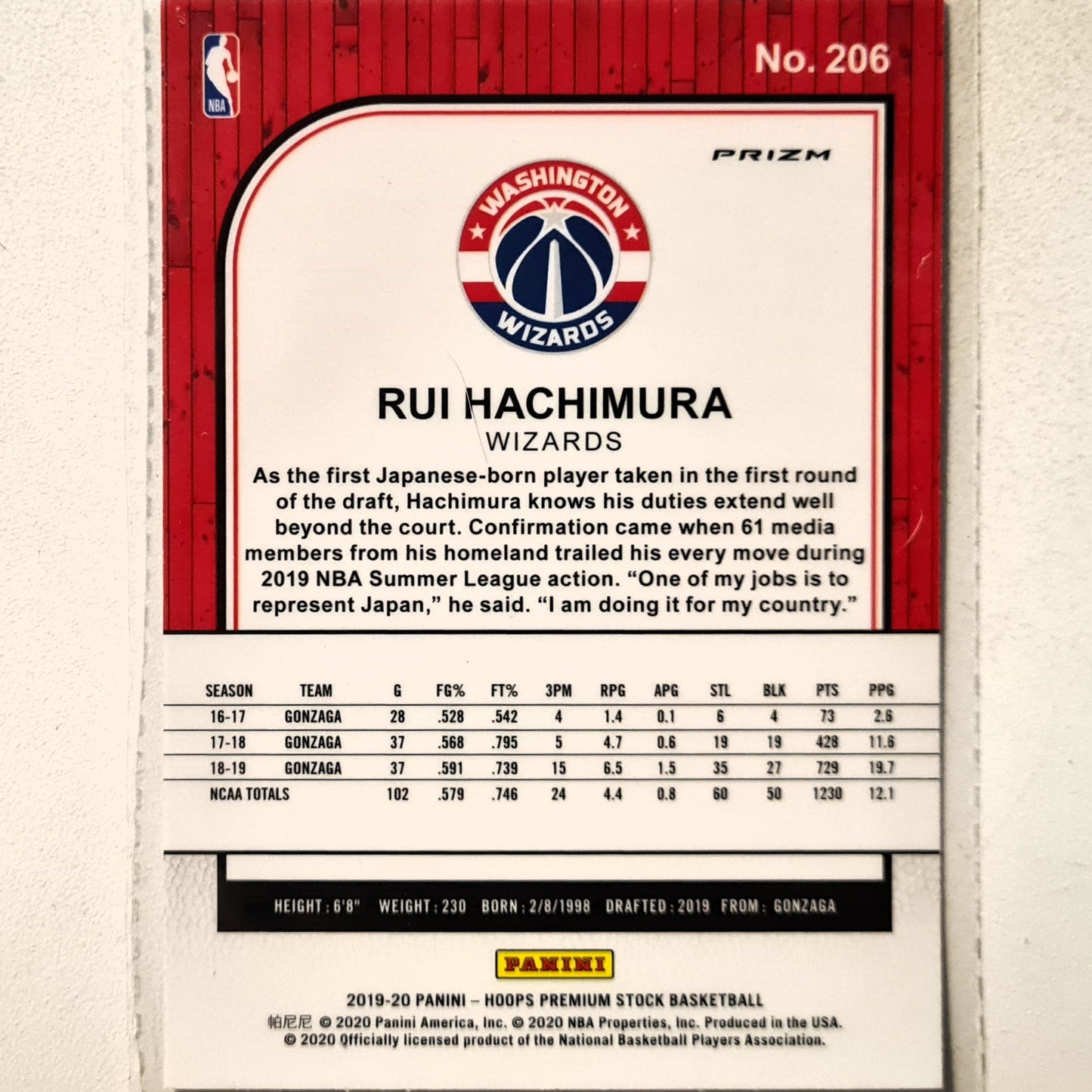 Rui Hachimura 2019-20 Panini NBA Hoops premium stock Laser Prizm Rookie RC #206 NBA Basketball Washington Wizards mint sleeved