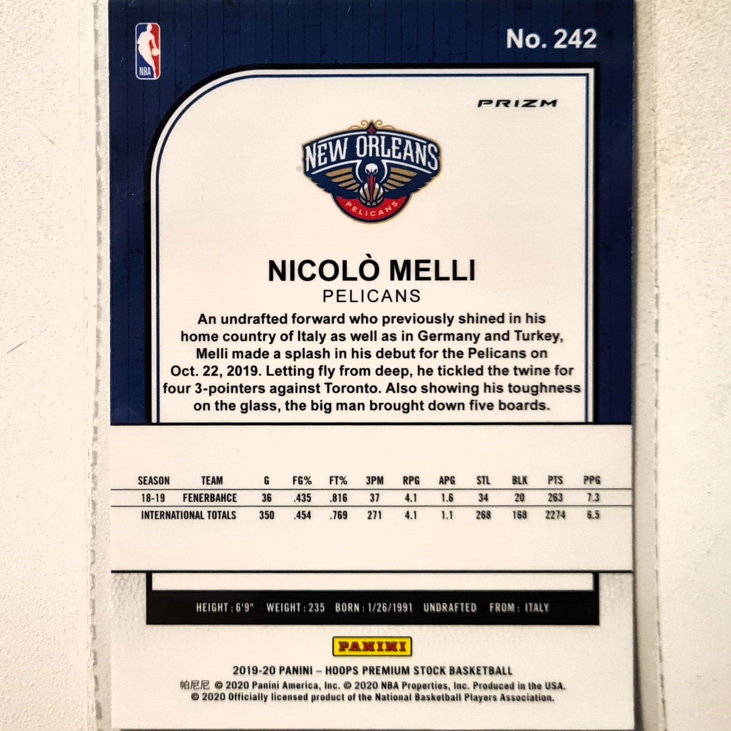 Nicolo Melli 2019-20 Panini NBA Hoops premium stock Laser Prizm Rookie RC #242 NBA Basketball New Orleans Pelicans Mint sleeved