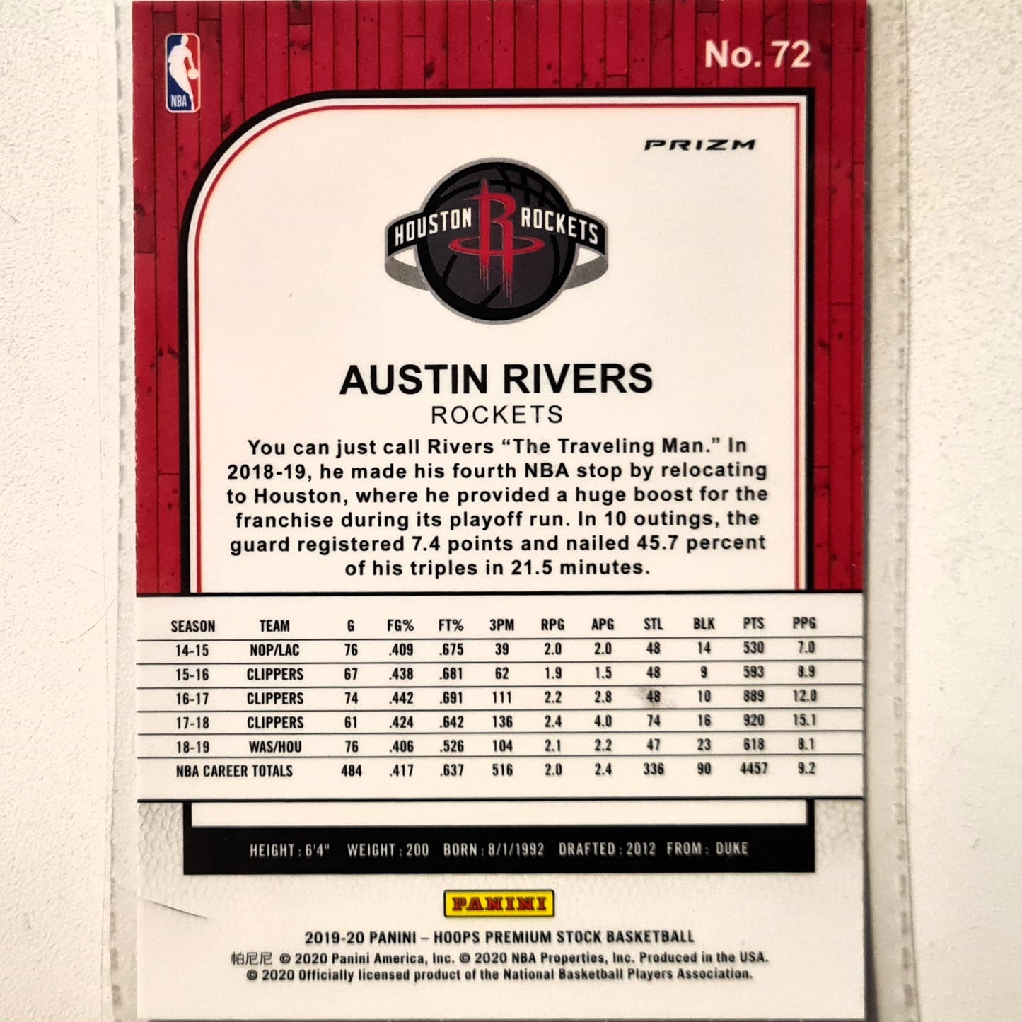 Austin Rivers 2019-20 Panini NBA Hoops premium stock Laser Prizm #72 NBA Basketball Houston Rockets s Mint sleeved