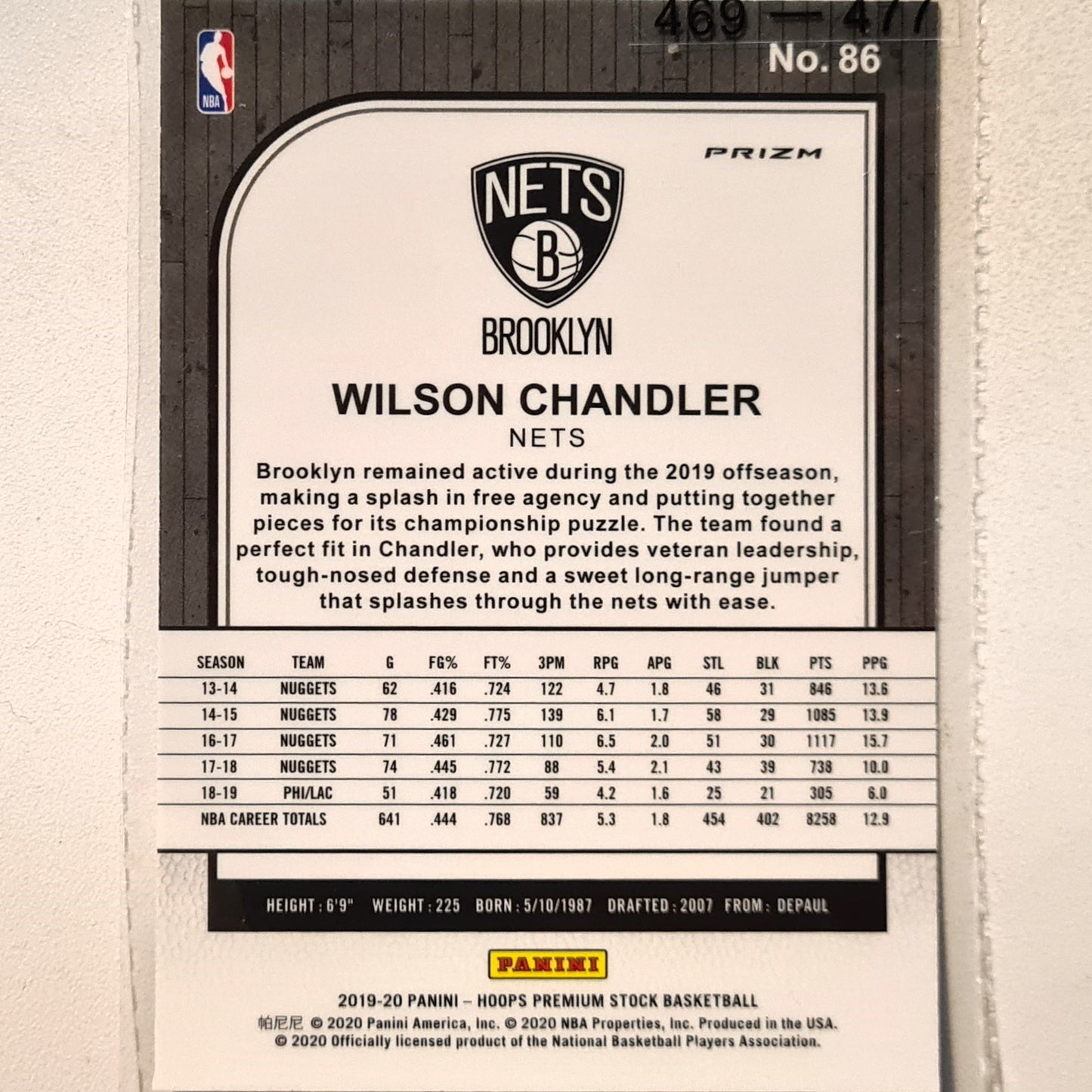 Wilson Chandler 2020-21 Panini Donruss laser prizm #86 NBA Basketball Brooklyn Nets excellent/mint Sleeved