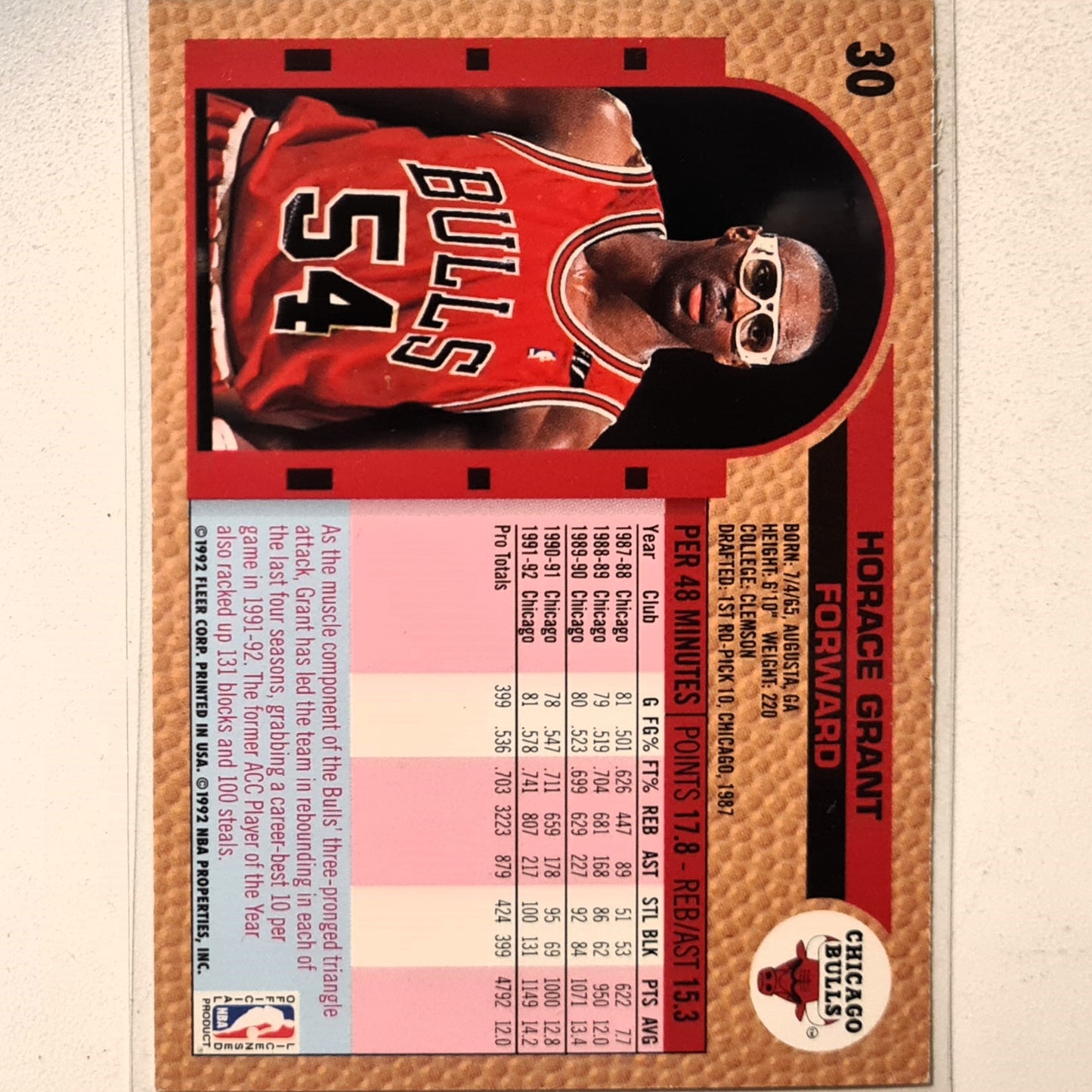 Horace Grant 1992 Fleer 92-93  #30 NBA Basketball Chicago Bulls Excellent Sleeved