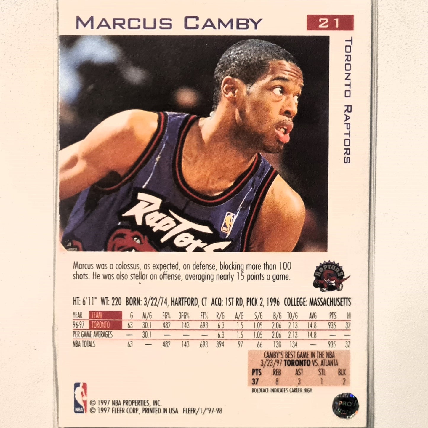 Marcus Camby 1998 Fleer 97-98 all-rookie #21 NBA Basketball Toronto Raptors Excellent