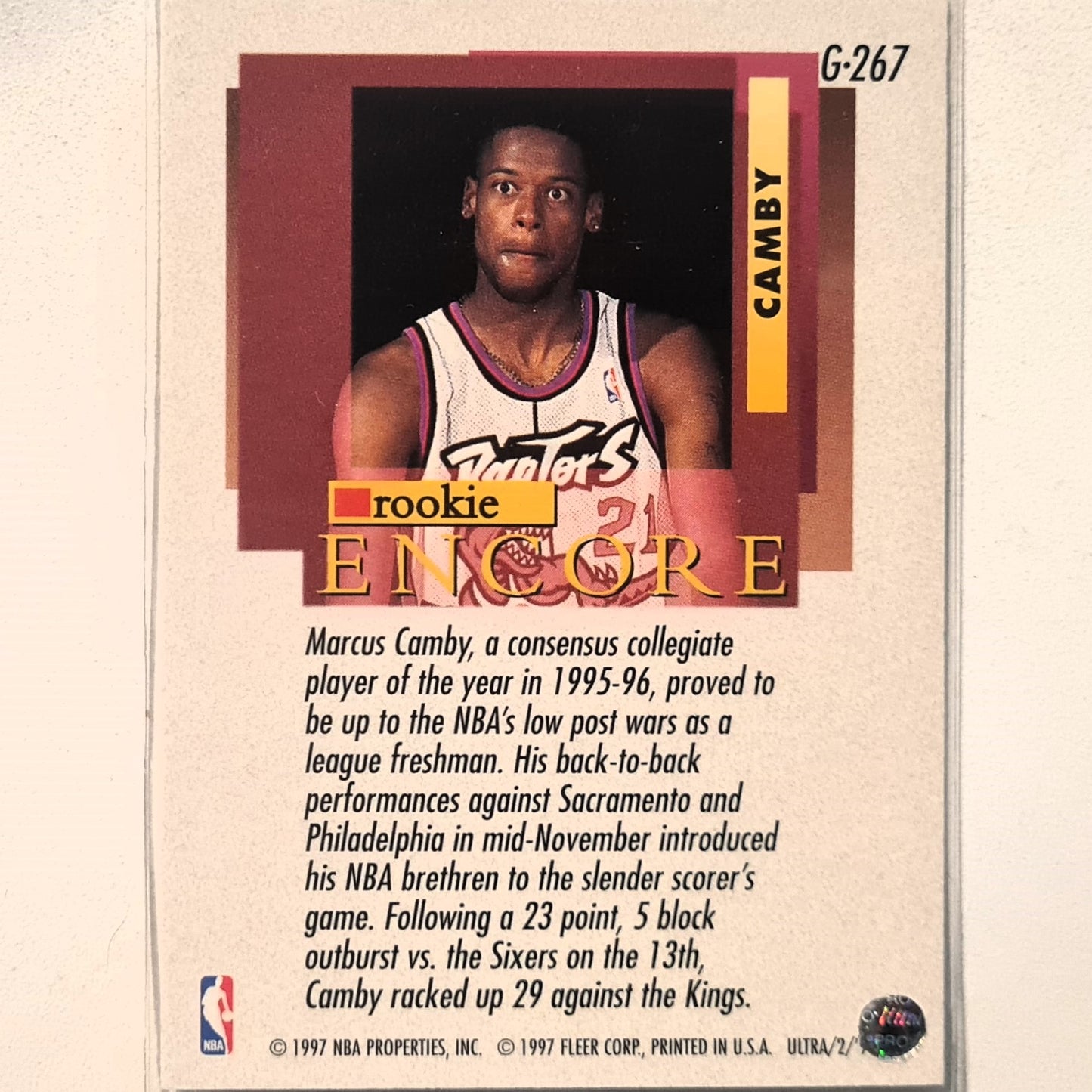 Marcus Camby 1997 Fleer Ultra 96-97 Encore gold medallion variant RC  #G-267 NBA Basketball Toronto Raptors excellent