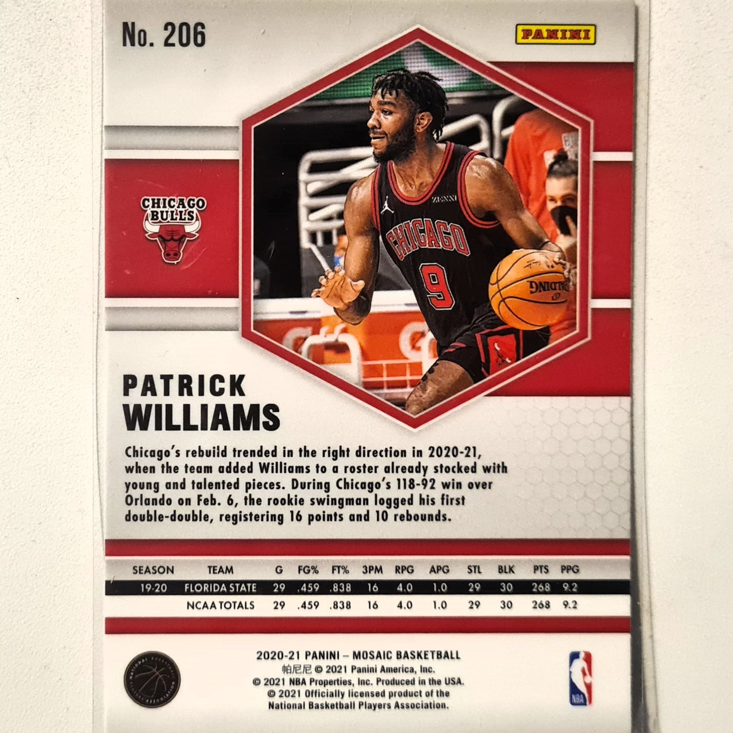 Patrick Williams 2020-21 Panini Mosaic Rookie RC #206 NBA Basketball Chicago Bulls Excellent Sleeved