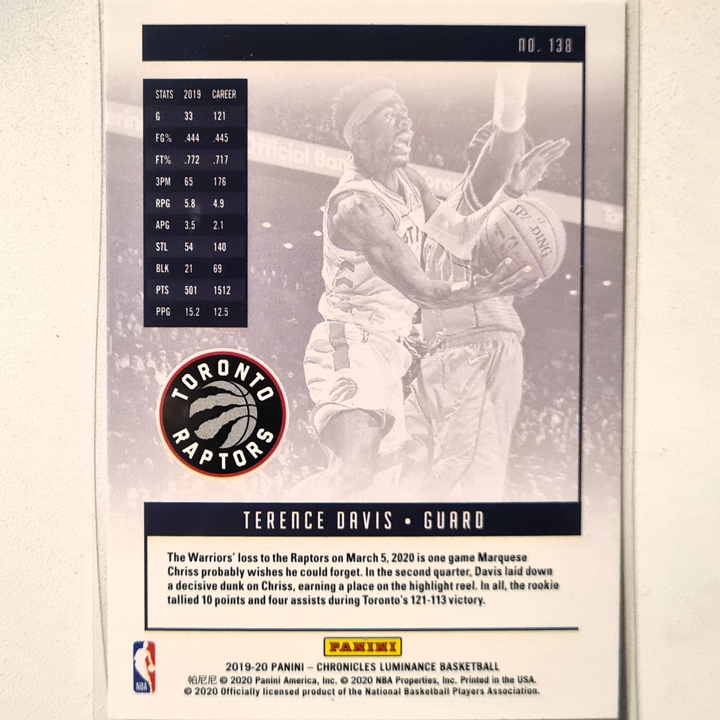 Terence Davis 2019-20 Panini Luminance Rookie RC #138 NBA Basketball Toronto Raptors Excellent Sleeved