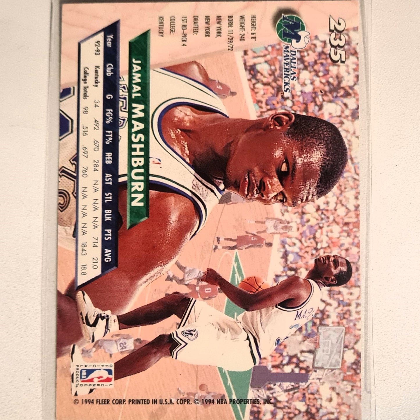 Jamal Mashburn 1994 Fleer Ultra 93-94 1st round draft pick Rookie RC #235 NBA Basketball Dallas Mavericks very good