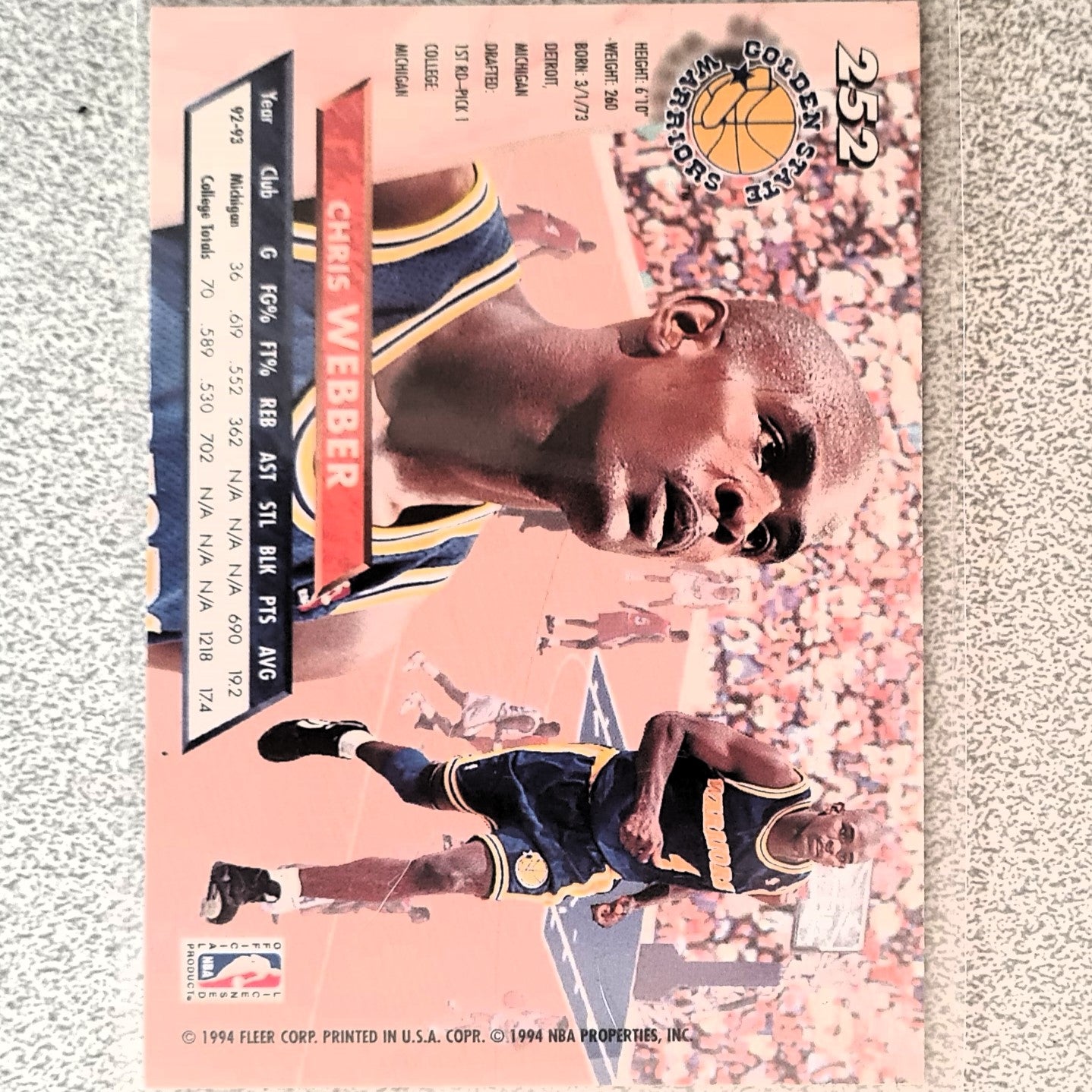 Chris Webber 1993 Fleer 92-93 rookie RC #252 Basketball Golden State Warriors very good sleeved