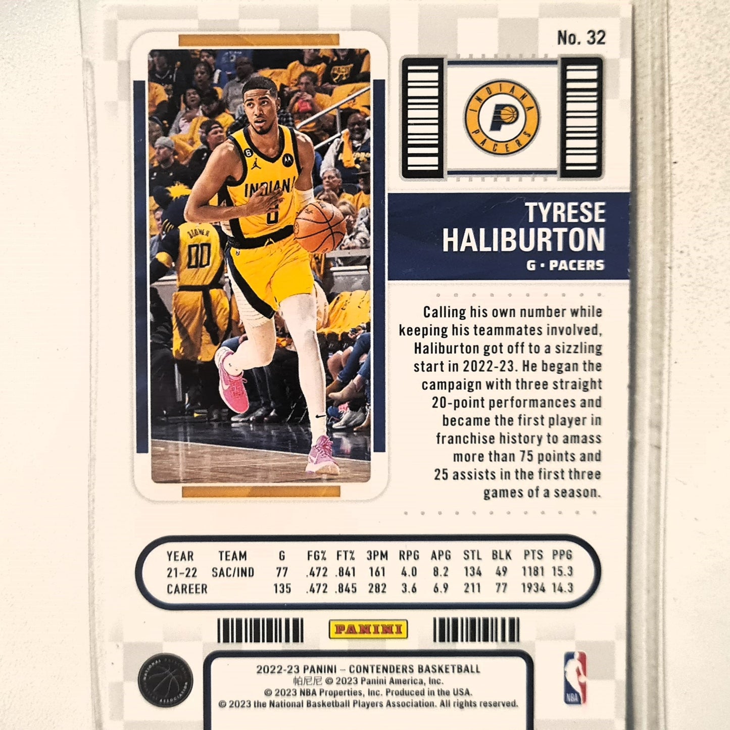 Tyresse Halliburton 2022-23 Panini Contenders season ticket #32 NBA Basketball Indiana Pacers Excellent