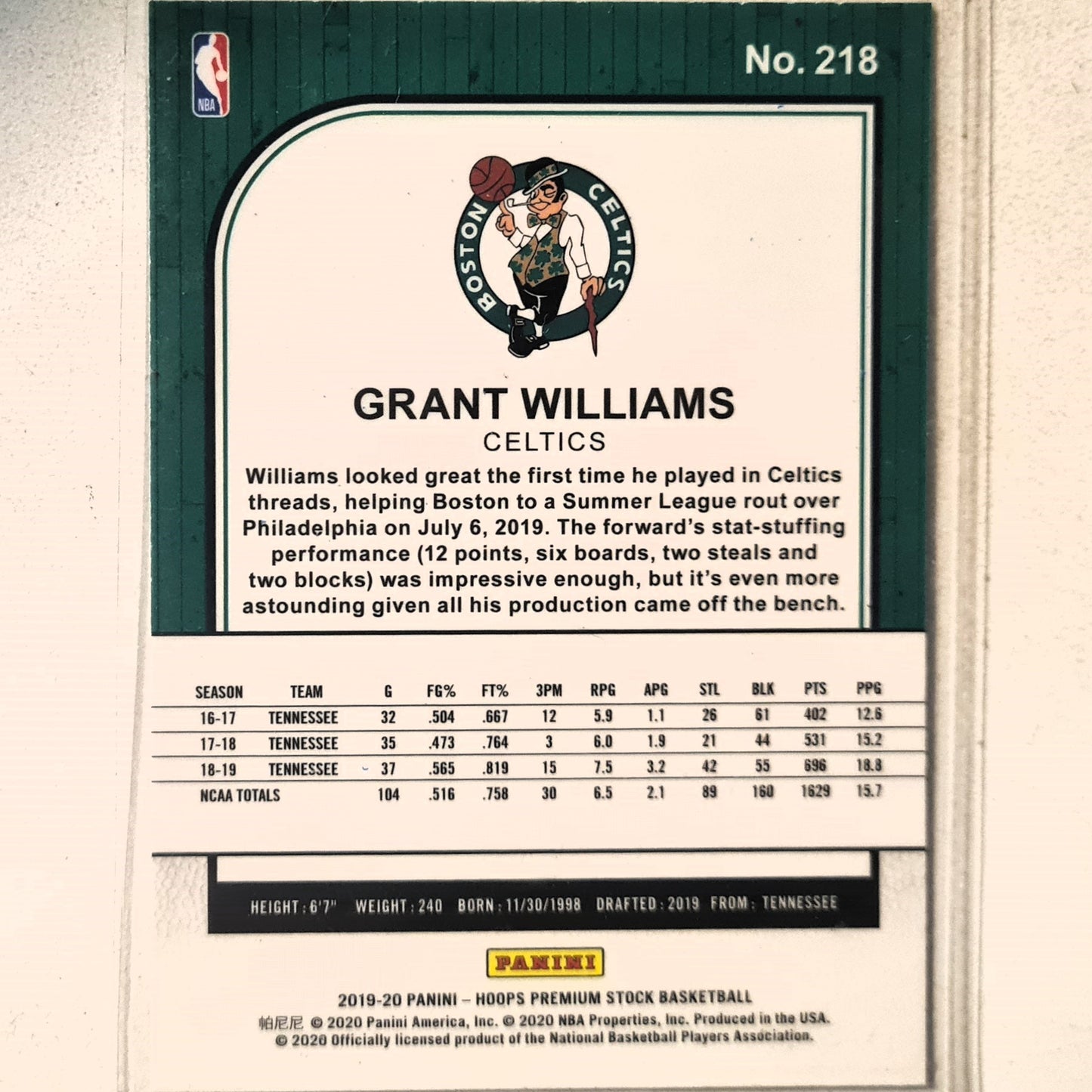 Grant Williams 2019-20 panini NBA Hoops premium stock Rookie RC #218 NBA Basketball Boston Celtics excellent