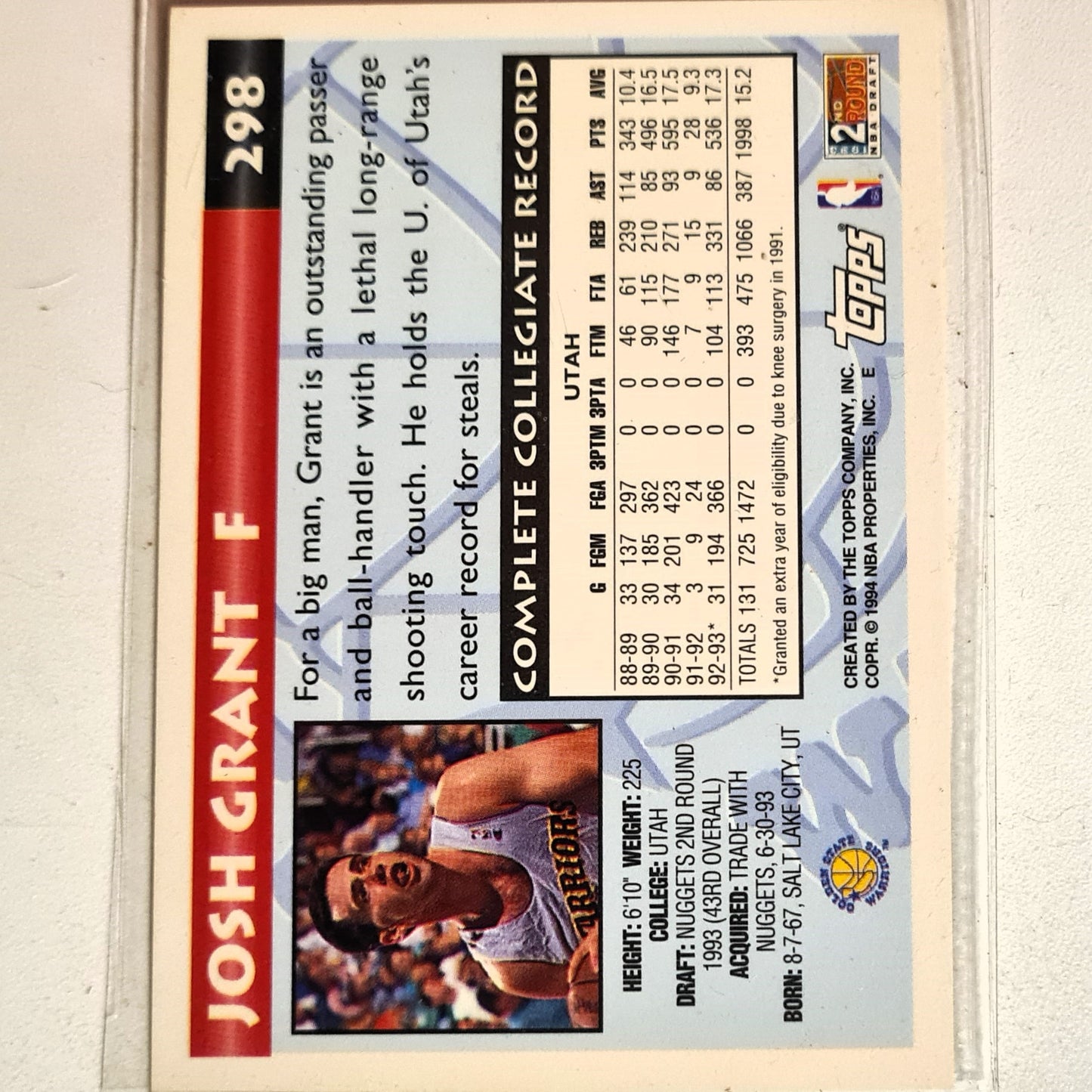 Josh Grant 1994 Topps Gold 2nd round draft Rookie RC #298 NBA Basketball Golden State Warriors Excellent Sleeved