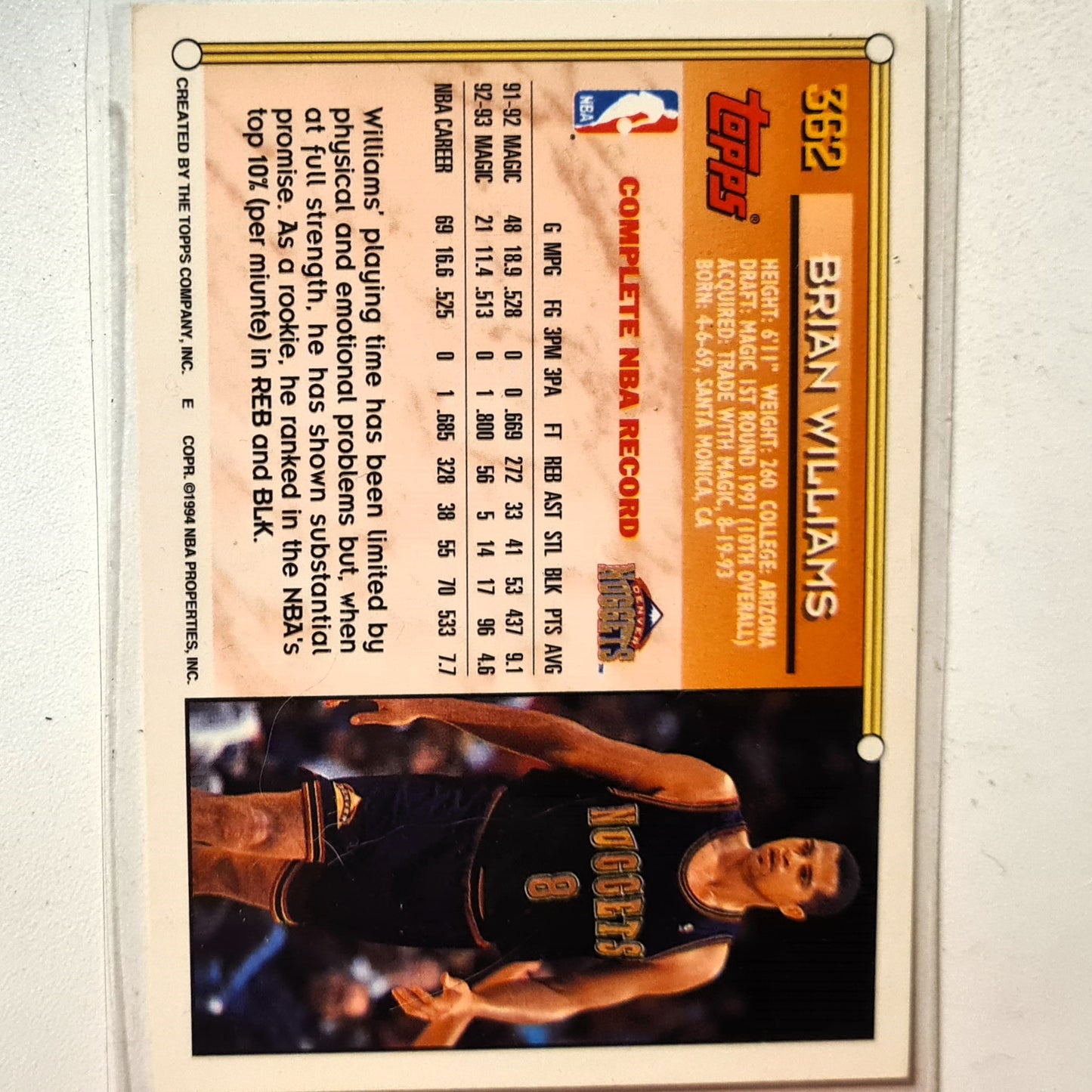 Brian Williams 1994 Topps Gold #362 NBA Basketball Denver Nuggets Excellent Sleeved