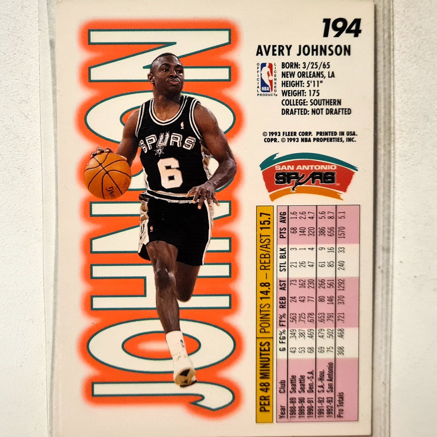 Avery Johnson 1993 Fleer 93-94 #194 NBA Basketball San Antonio Spurs Excellent sleeved